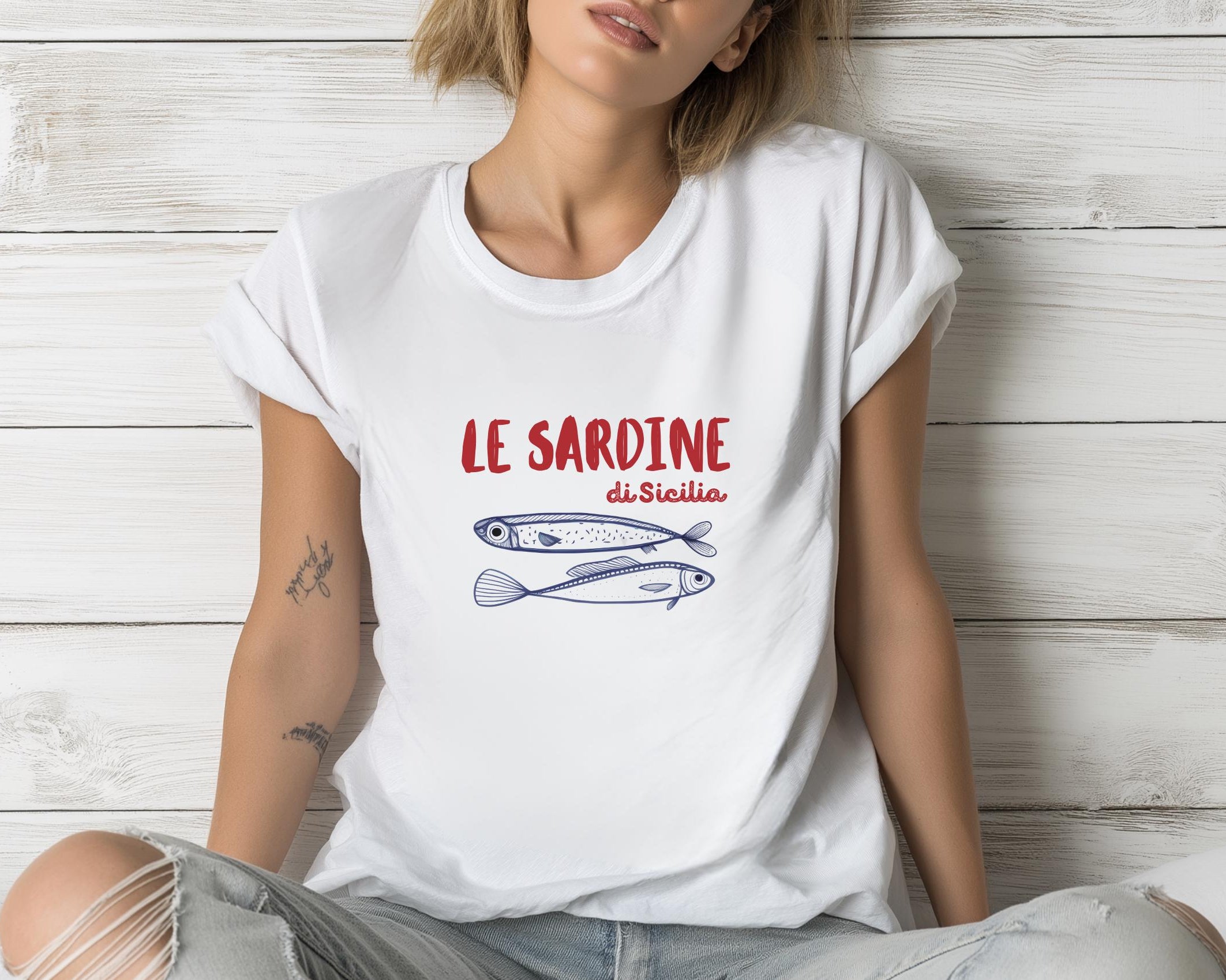T-Shirt Le Sardine | weiß | Sardinen Motiv Fische Sommer | Reine Baumwolle