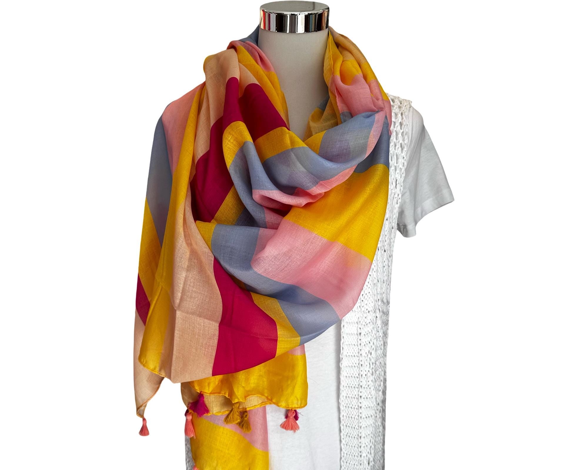 Tuch Smile | Viskosetuch | leichtes Sommertuch | bunte Streifen und Quasten, großer Smiley