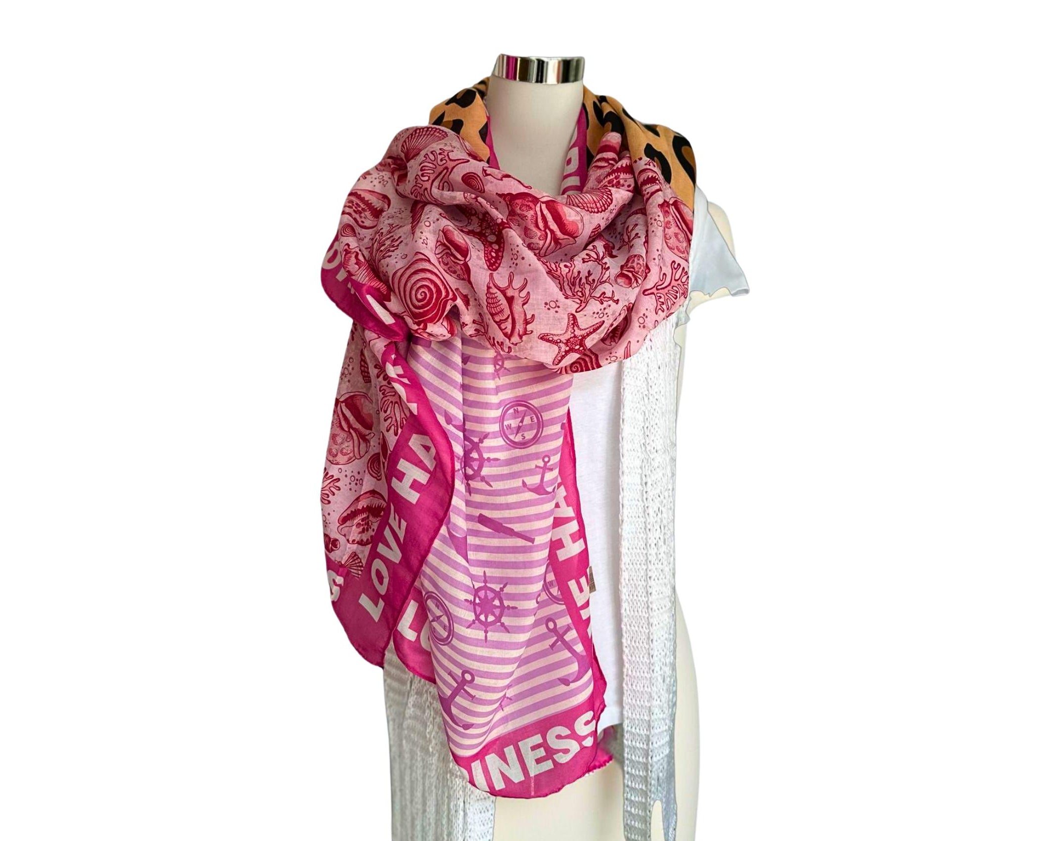 Tuch | Maritime Element | Leo| Anker | Seestern | Viskosetuch | leichtes Sommertuch mit drei Mustern in pink braun