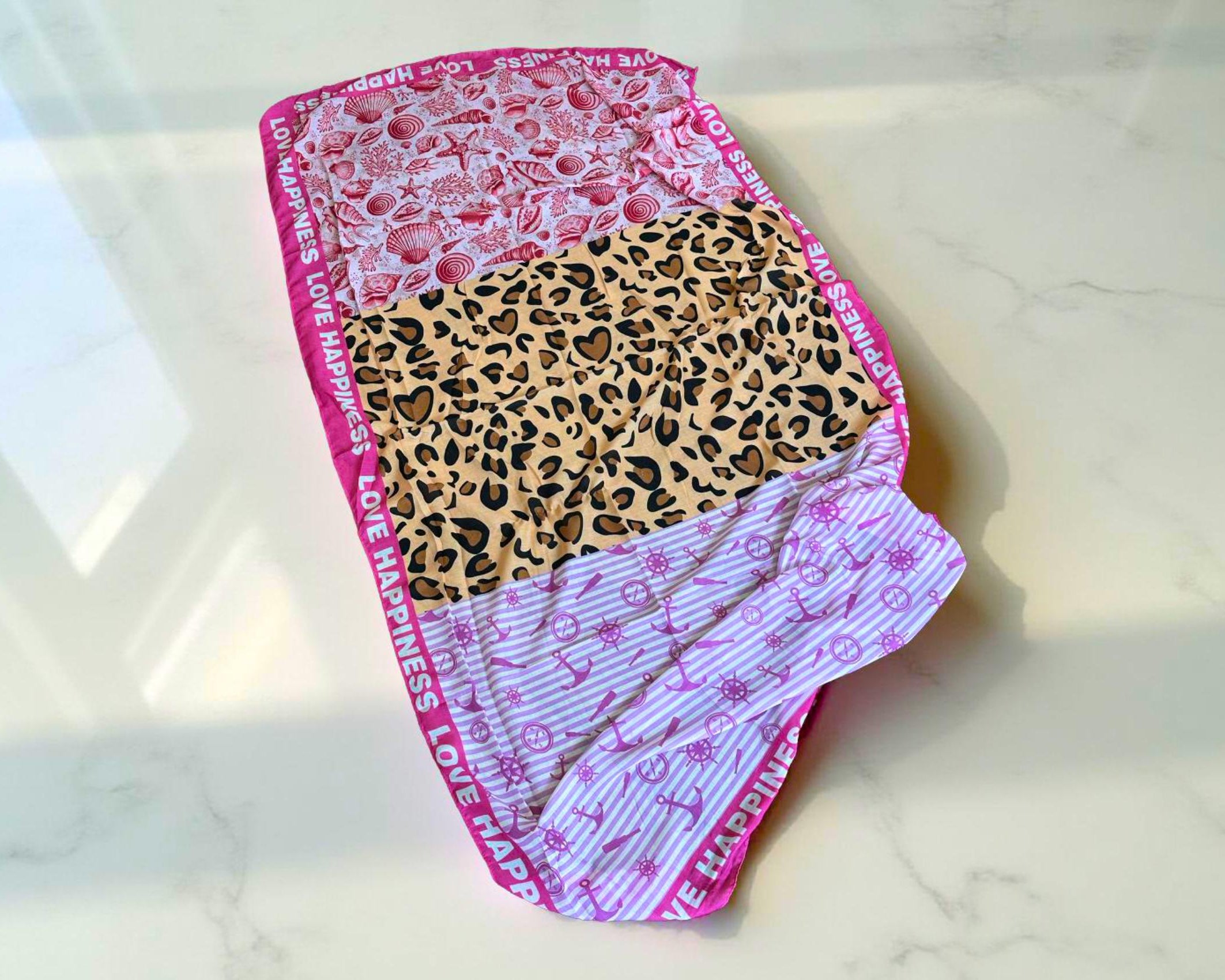 Tuch | Maritime Element | Leo| Anker | Seestern | Viskosetuch | leichtes Sommertuch mit drei Mustern in pink braun