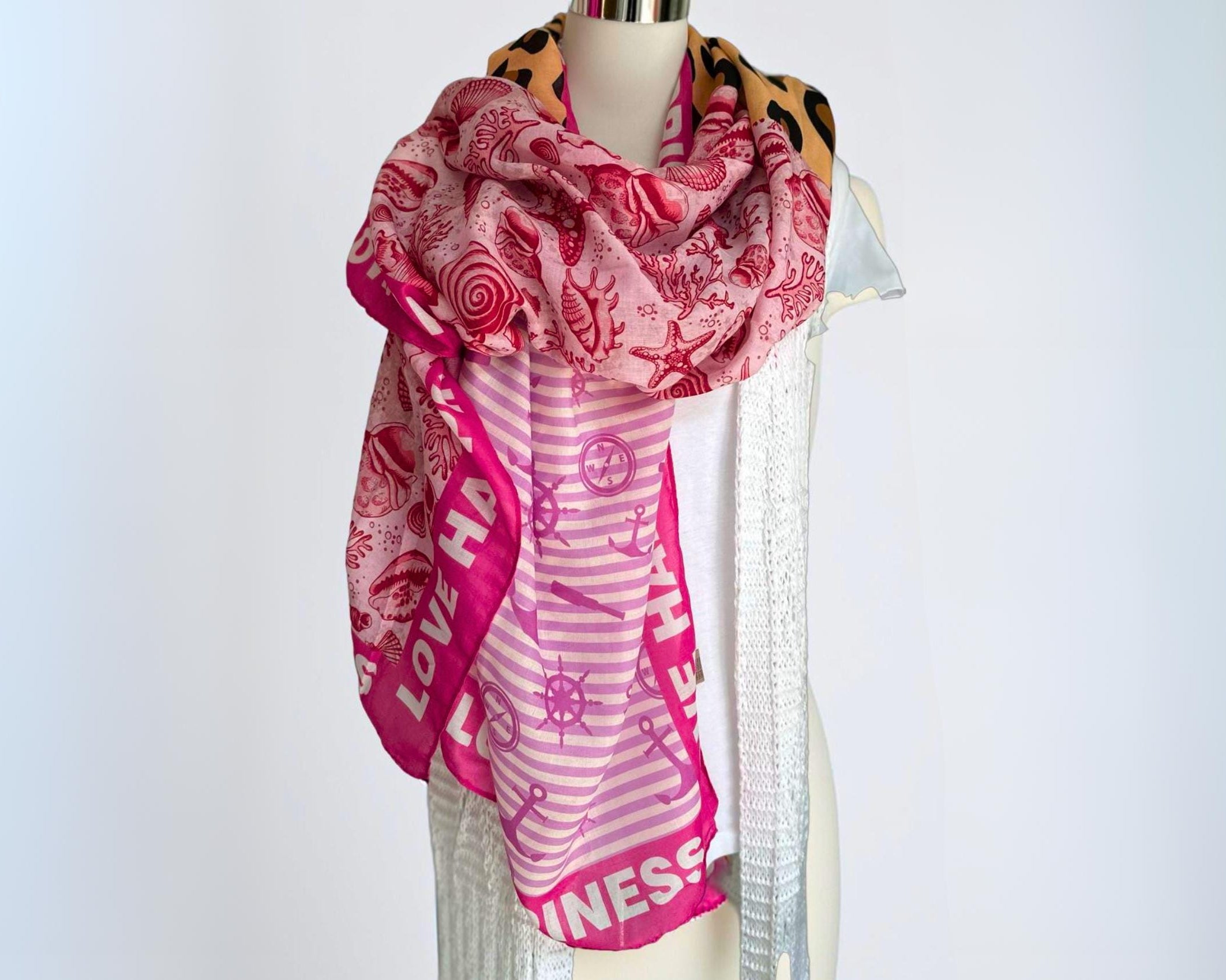 Tuch | Maritime Element | Leo| Anker | Seestern | Viskosetuch | leichtes Sommertuch mit drei Mustern in pink braun