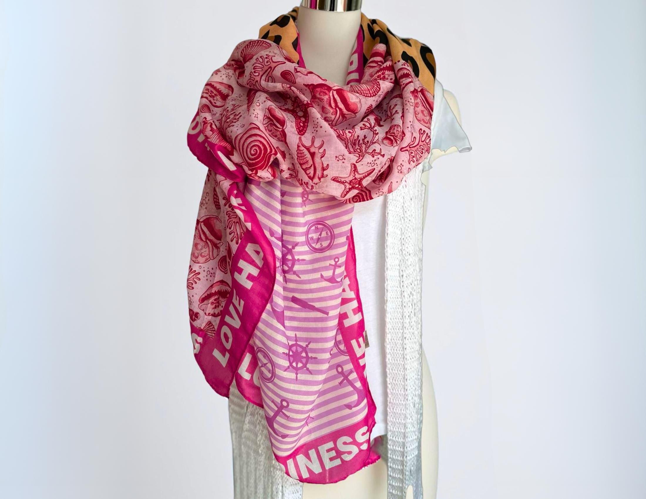 Tuch | Maritime Element | Leo| Anker | Seestern | Viskosetuch | leichtes Sommertuch mit drei Mustern in pink braun