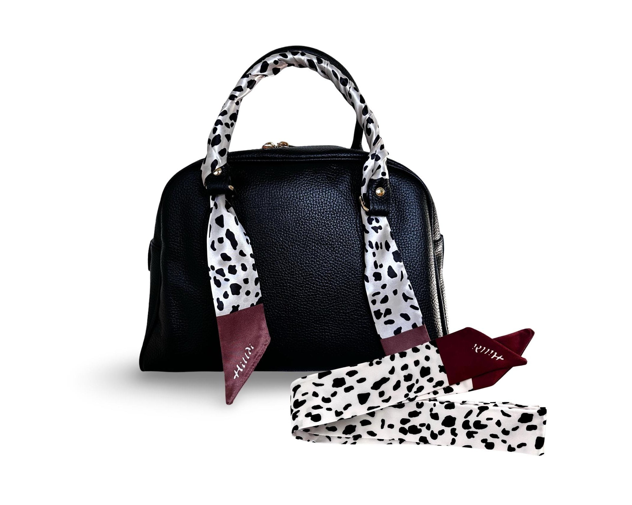 Twilly: seidiges Band | schmaler Schal in weiß mit schwarzen Flecken für Handtasche, als Halstuch oder Armband | Dalmatiner