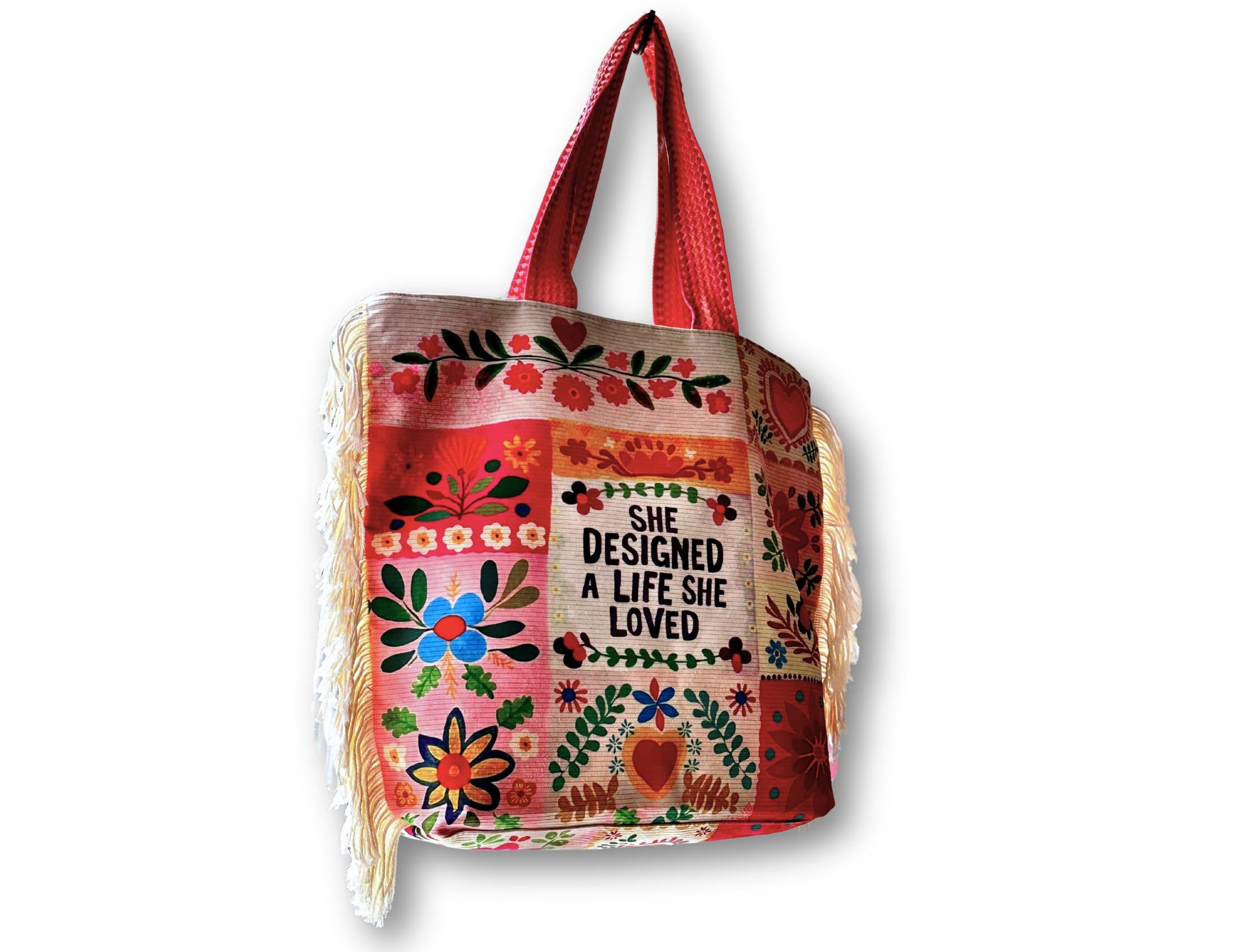 Hippie Tasche mit Blumen Patchwork | She designed a life she loved | Boho Schultertasche mit Fransen – Baumwolle | Festival Bag groß
