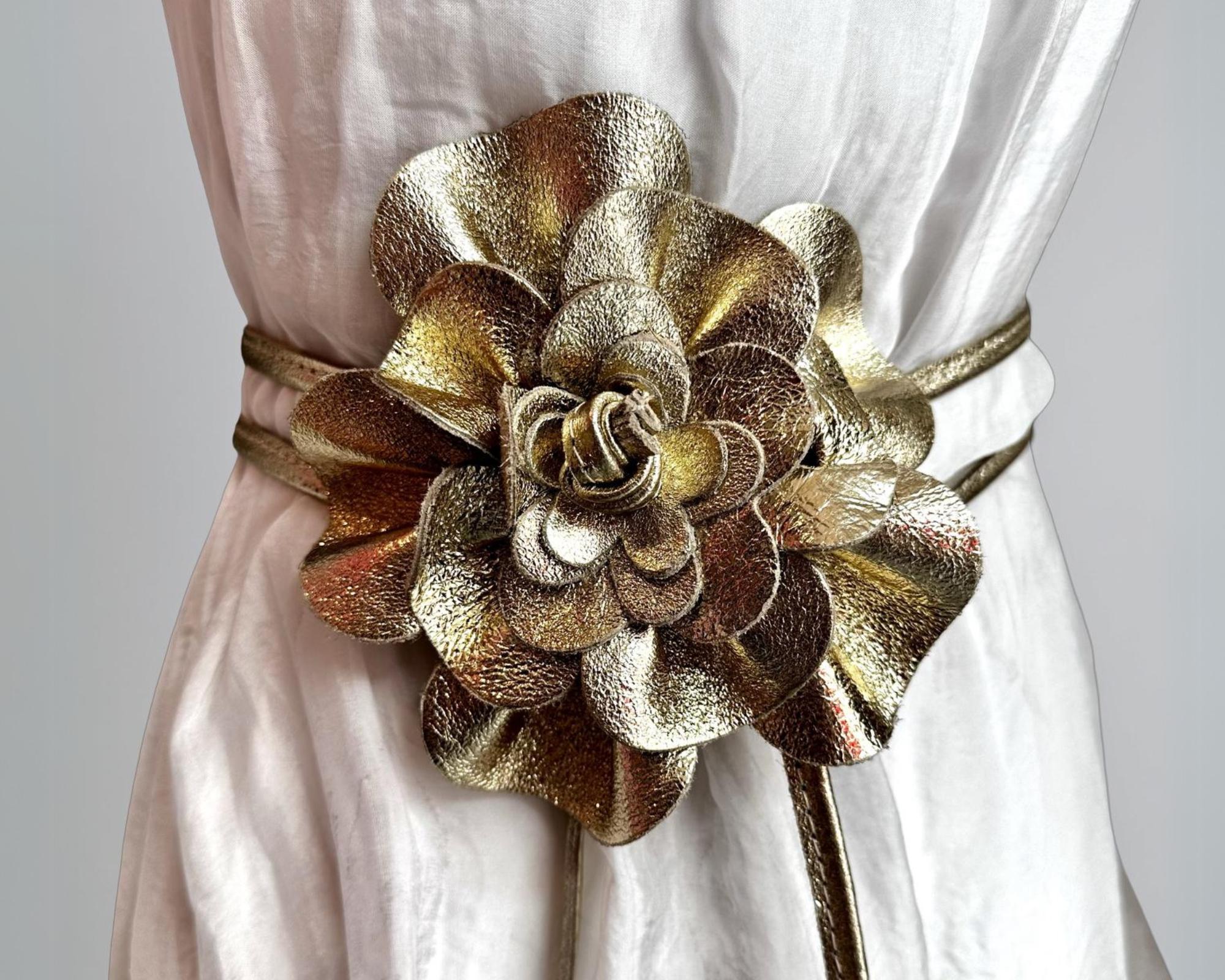 Blumen Leder Gürtel | Bindegürtel Blüte | große Lederblume | schwarz, gold, pink, taupe, flieder, silber, Leo, Khaki, Braun | echt Leder