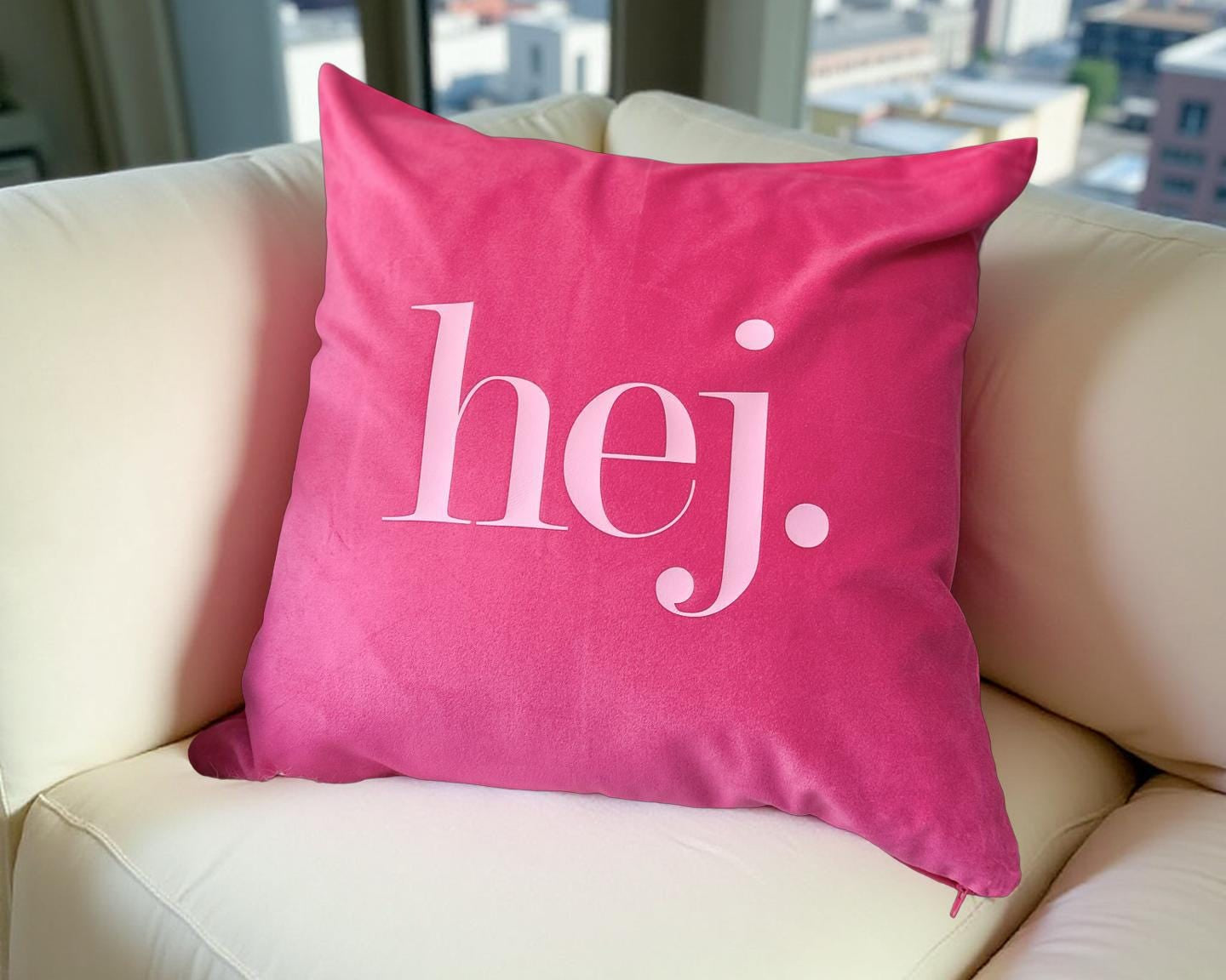 Kissen HEJ! | pinkes Samtkissen | Baumwolle Kissenbezug | 50 x 50 cm | Samt pink rosa