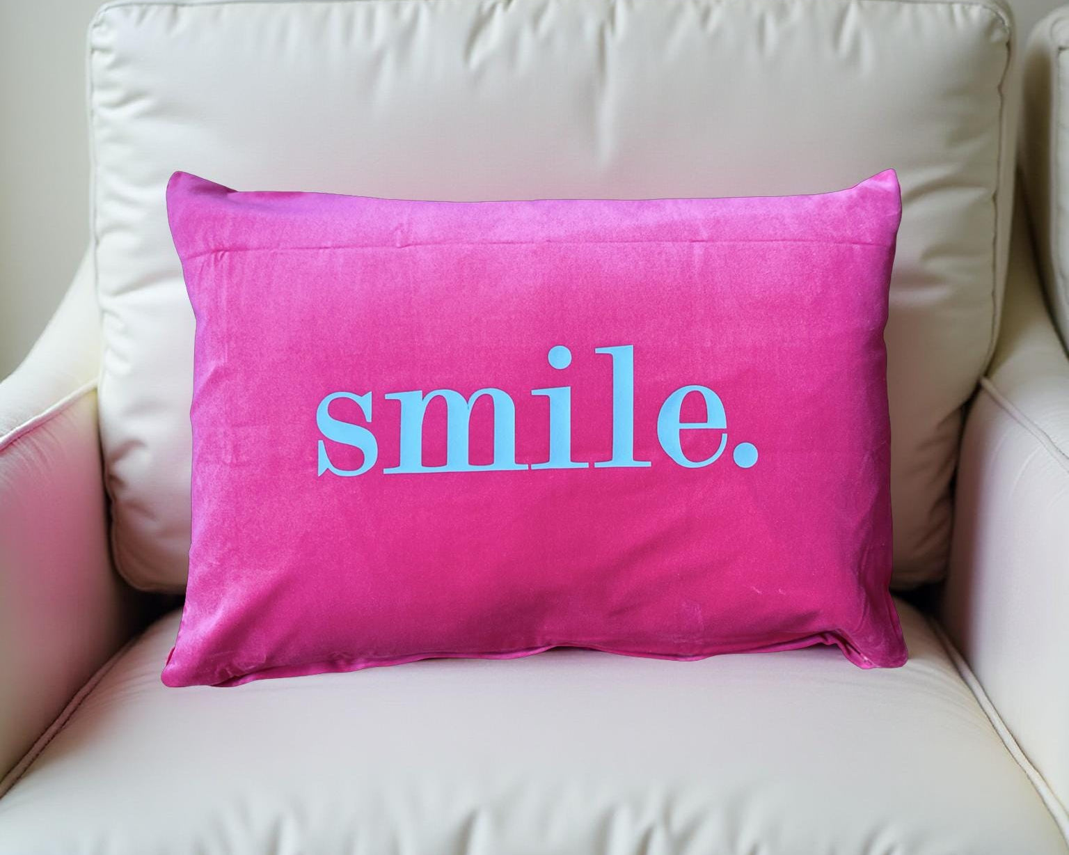 Kissen | smile. | pinkes Samtkissen Querformat | Baumwolle Kissenbezug | 40 x 58 cm | Samt pink blau