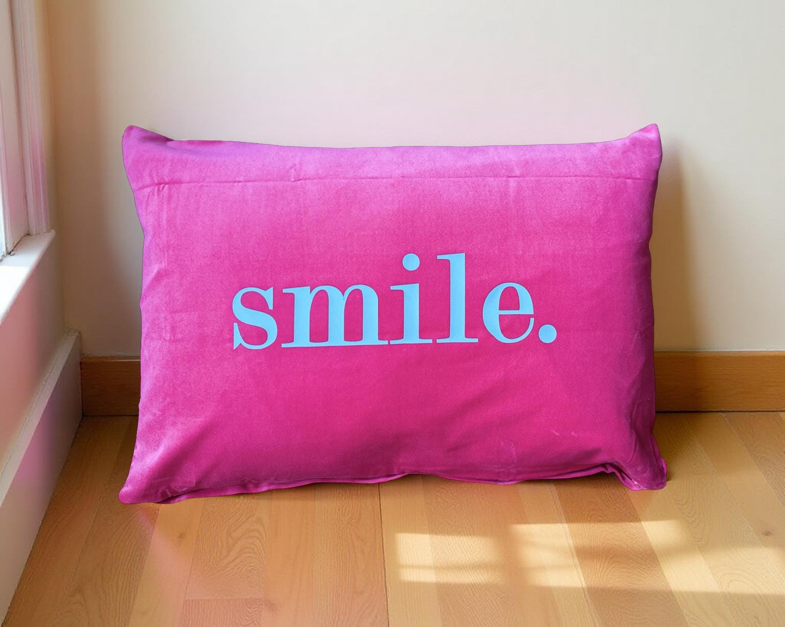 Kissen | smile. | pinkes Samtkissen Querformat | Baumwolle Kissenbezug | 40 x 58 cm | Samt pink blau