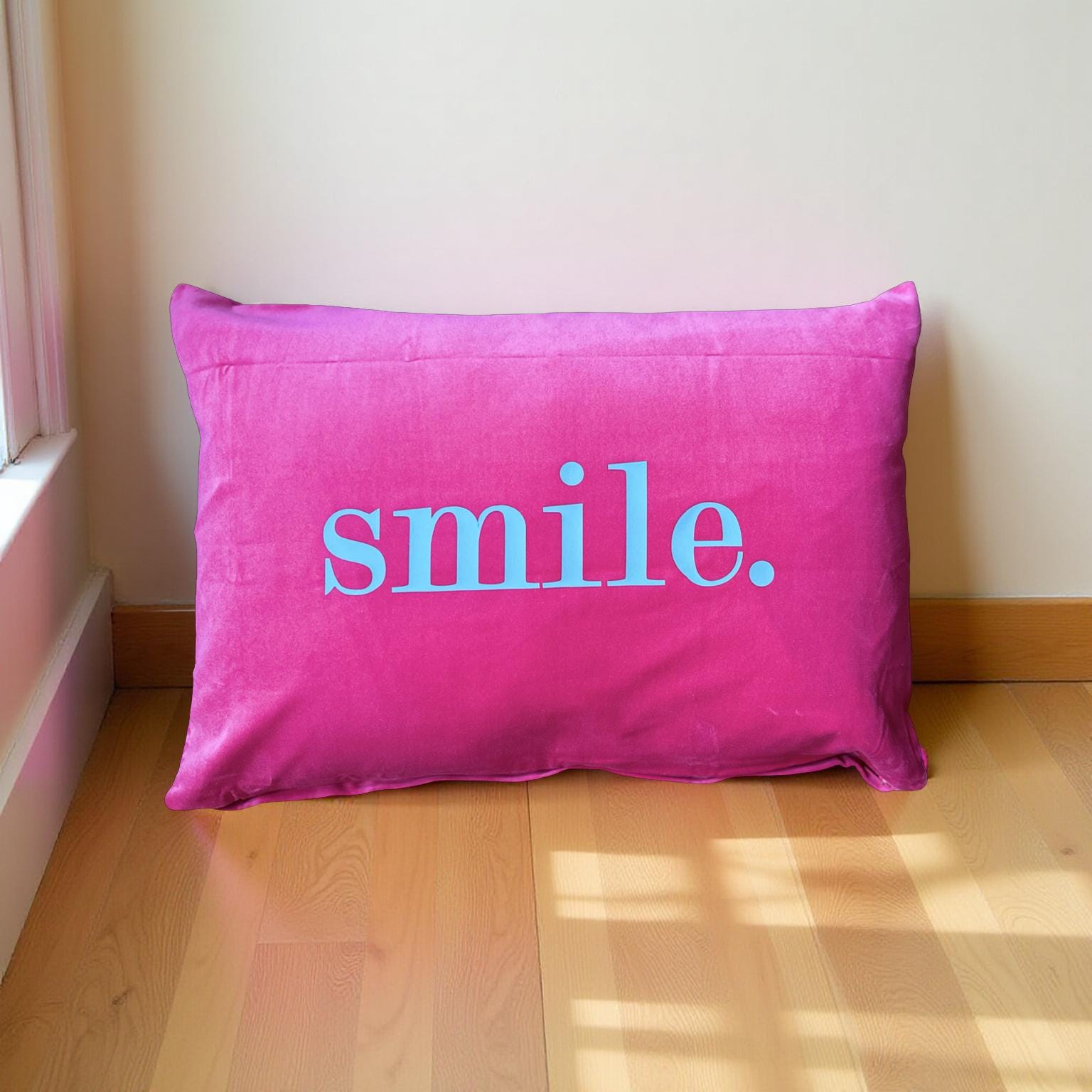 Kissen | smile. | pinkes Samtkissen Querformat | Baumwolle Kissenbezug | 40 x 58 cm | Samt pink blau