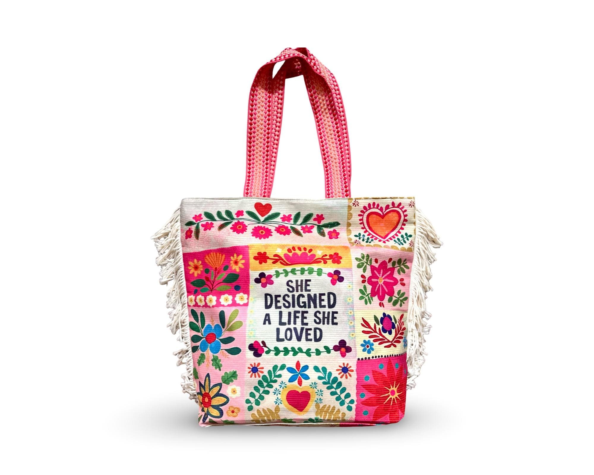 Hippie Tasche mit Blumen Patchwork | She designed a life she loved | Boho Schultertasche mit Fransen – Baumwolle | Festival Bag groß