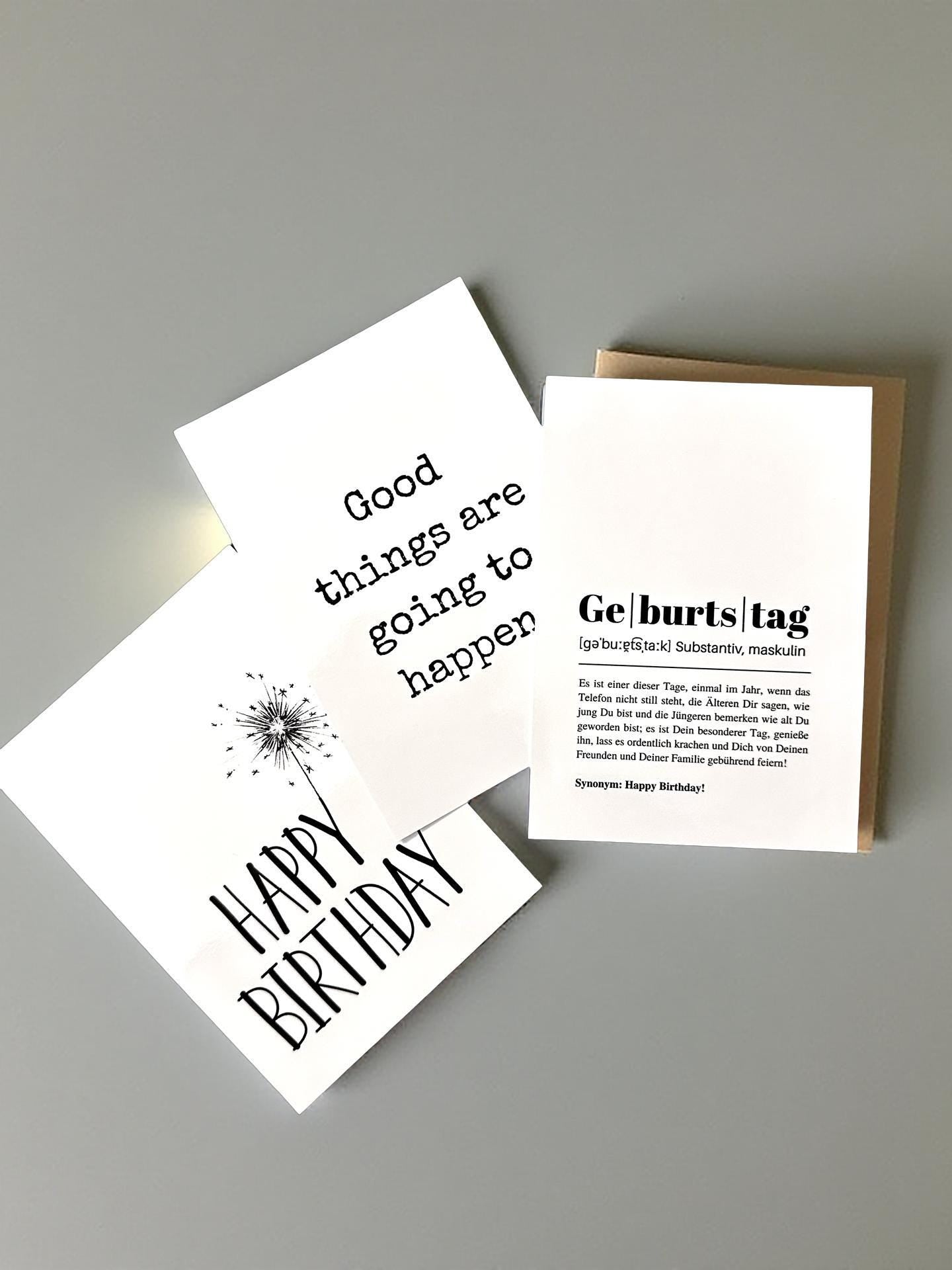 Geburtstagskarten Set | Happy Birthday Geburtstag als Definition - Karten Set 3 Stück