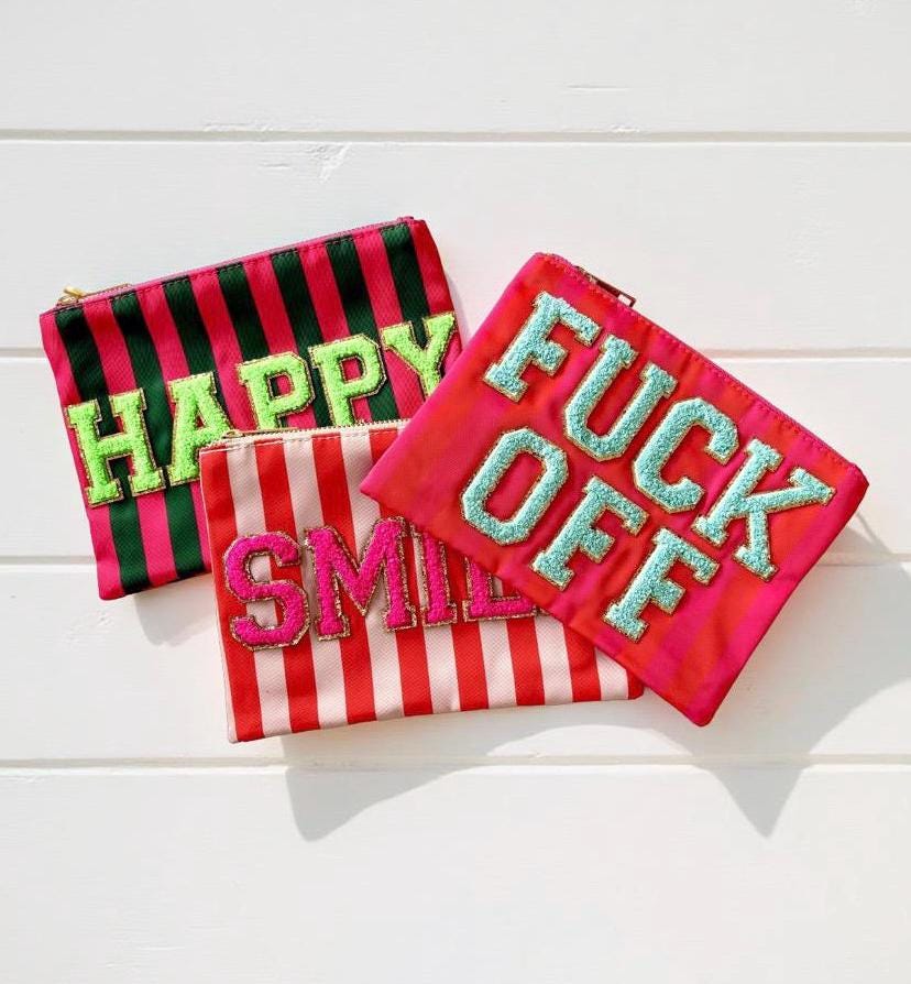 Knallbunte Kosmetiktaschen | Schminktasche | Fuck off, Smile, Happy | Schrift neon pink, neon grün und türkis