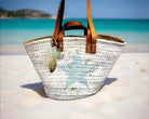 Weiße Basttasche | Strohtasche handbemalt | Stern türkis | Lederhenkel | Boho Strandtasche Hippie Look