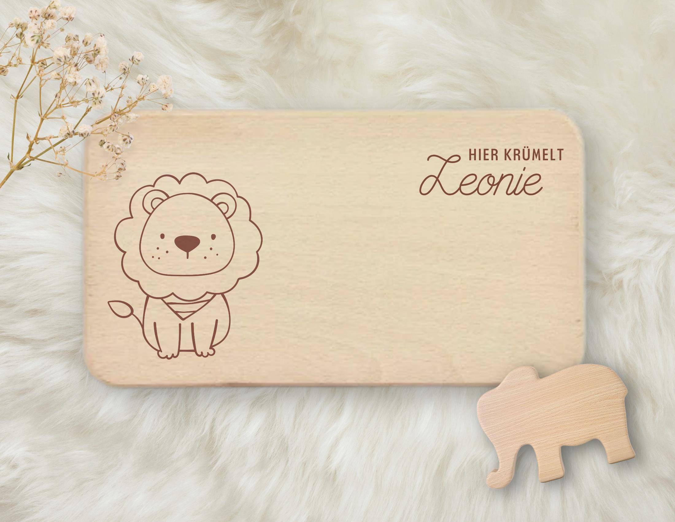 Personalisiertes Kinder Frühstücksbrettchen mit Tier & Namen | Lasergravur | Buchenholz | Löwe, Giraffe, Fuchs, Nilpferd, Bär, Elefant