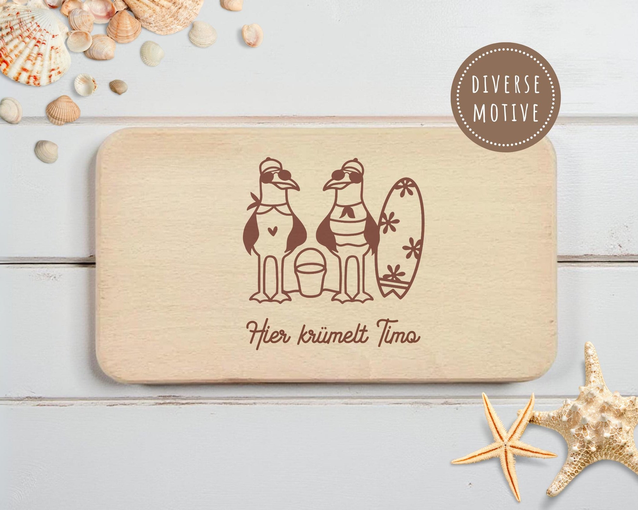Personalisiertes Frühstücksbrettchen | maritime Motive Möwe | Lasergravur | Buchenholz | Moin Strand Meer | Geschenkidee Camping Kinder