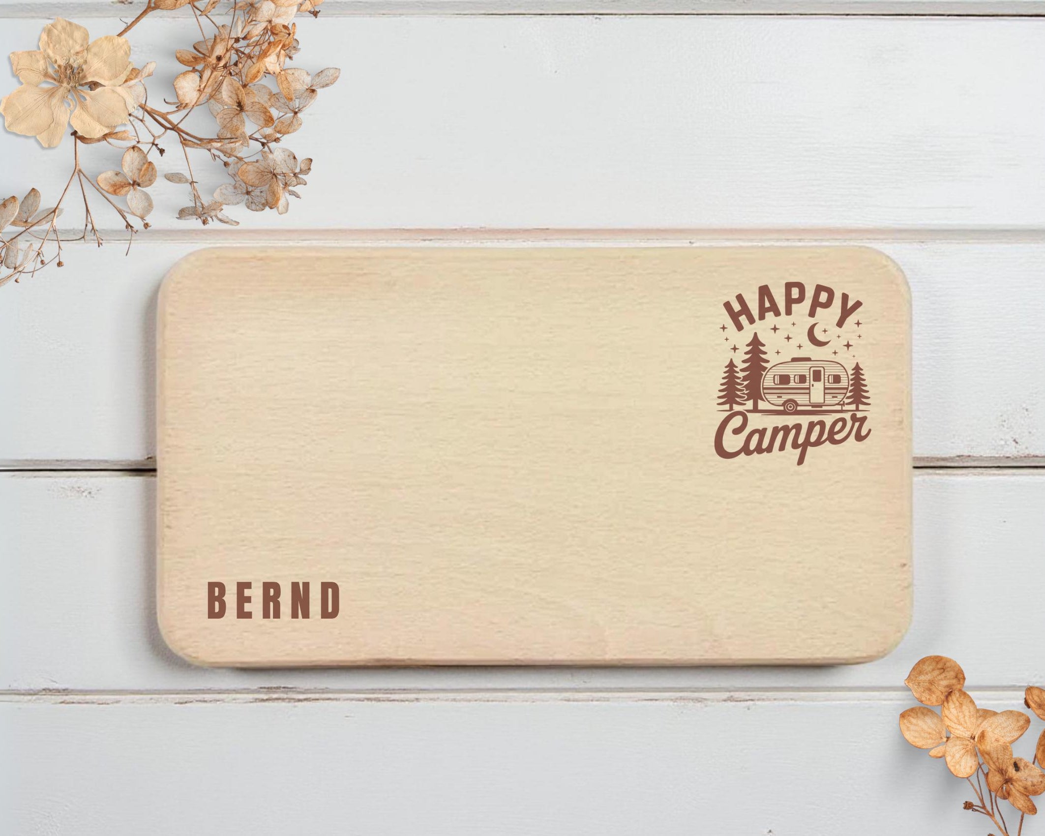Personalisiertes Frühstücksbrettchen für Camper | Lasergravur | Buchenholz | Geschenkidee Camping mit Namen