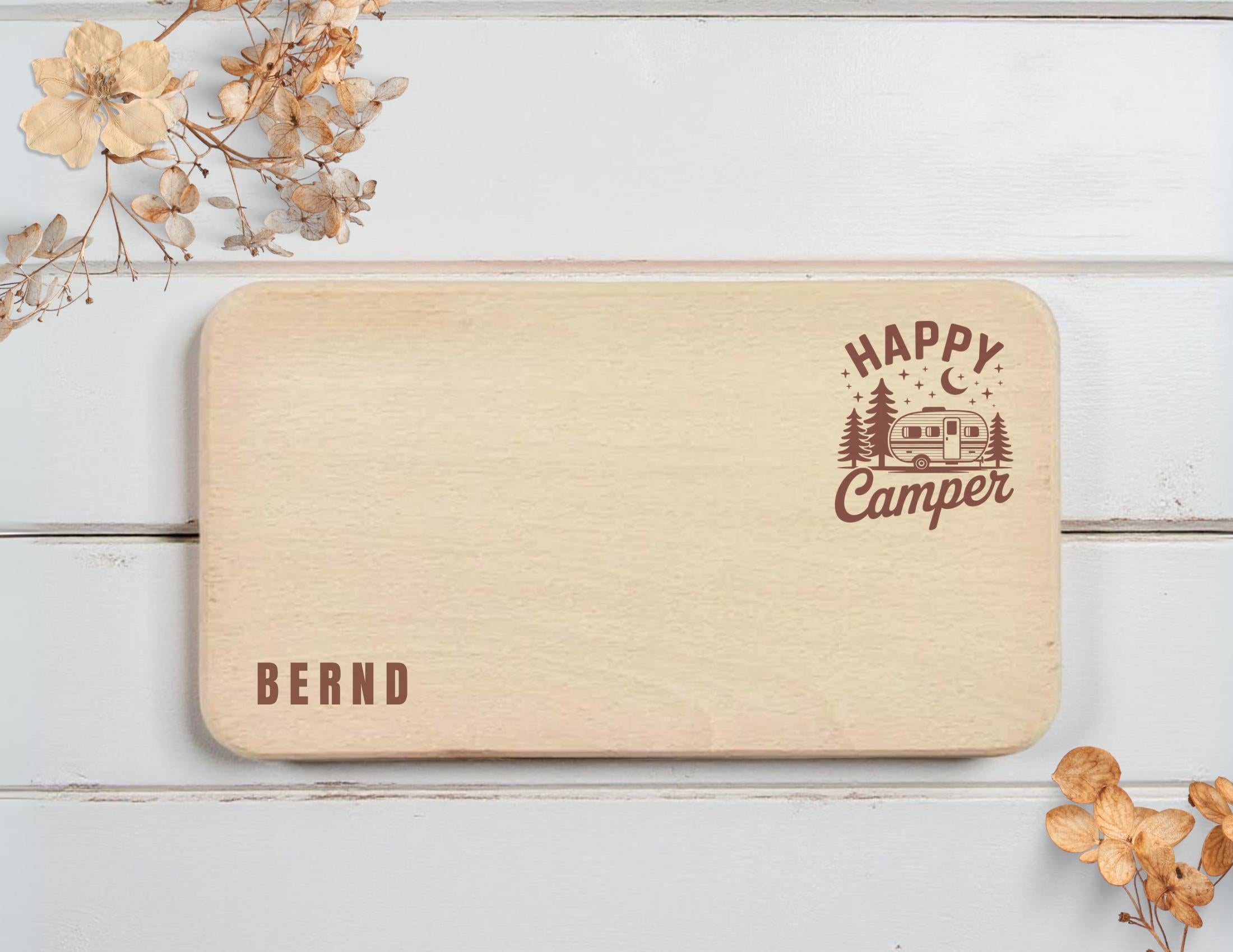 Personalisiertes Frühstücksbrettchen für Camper | Lasergravur | Buchenholz | Geschenkidee Camping mit Namen