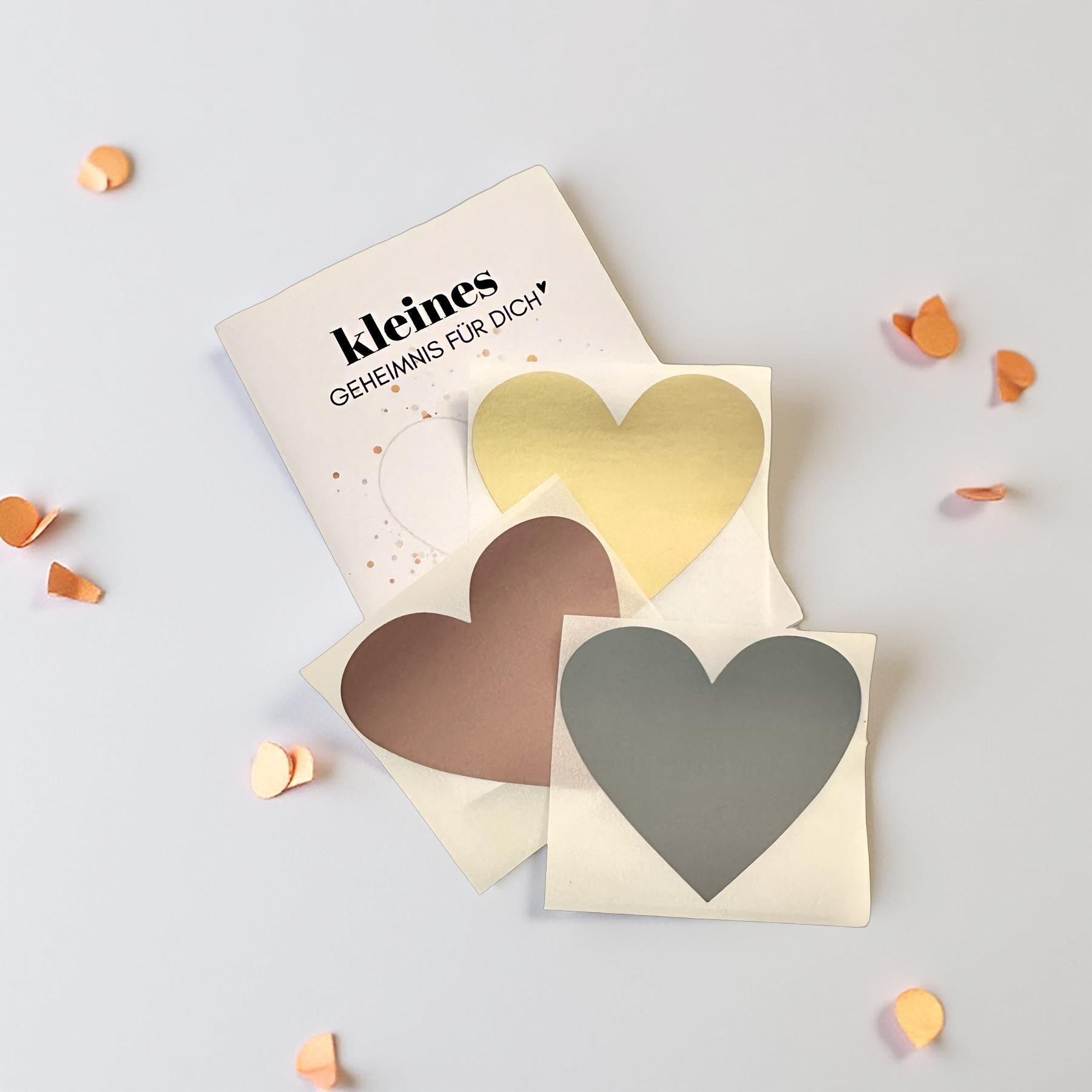 Personalisierte Rubbelkarte mit Rubbelherz und Deinem Text | Klappkarte A6 | Gutschein | Herz in gold, silber, roségold - 24 Motive