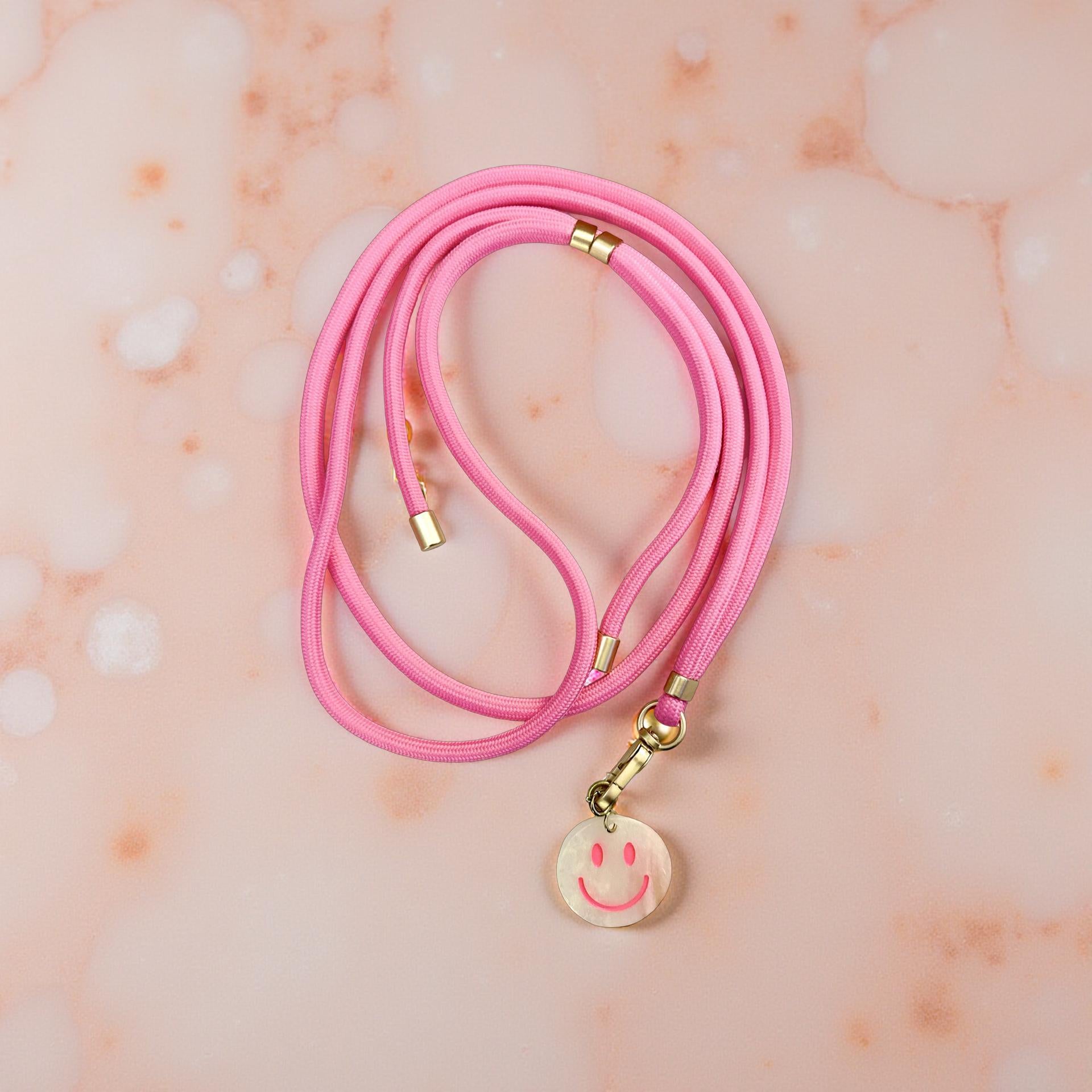 Lange schmale Handyketten Smiley | verstellbare Länge | Schnur Band für Mobiltelefone inkl. Adapter | goldene Karabiner | Smiley-Anhänger