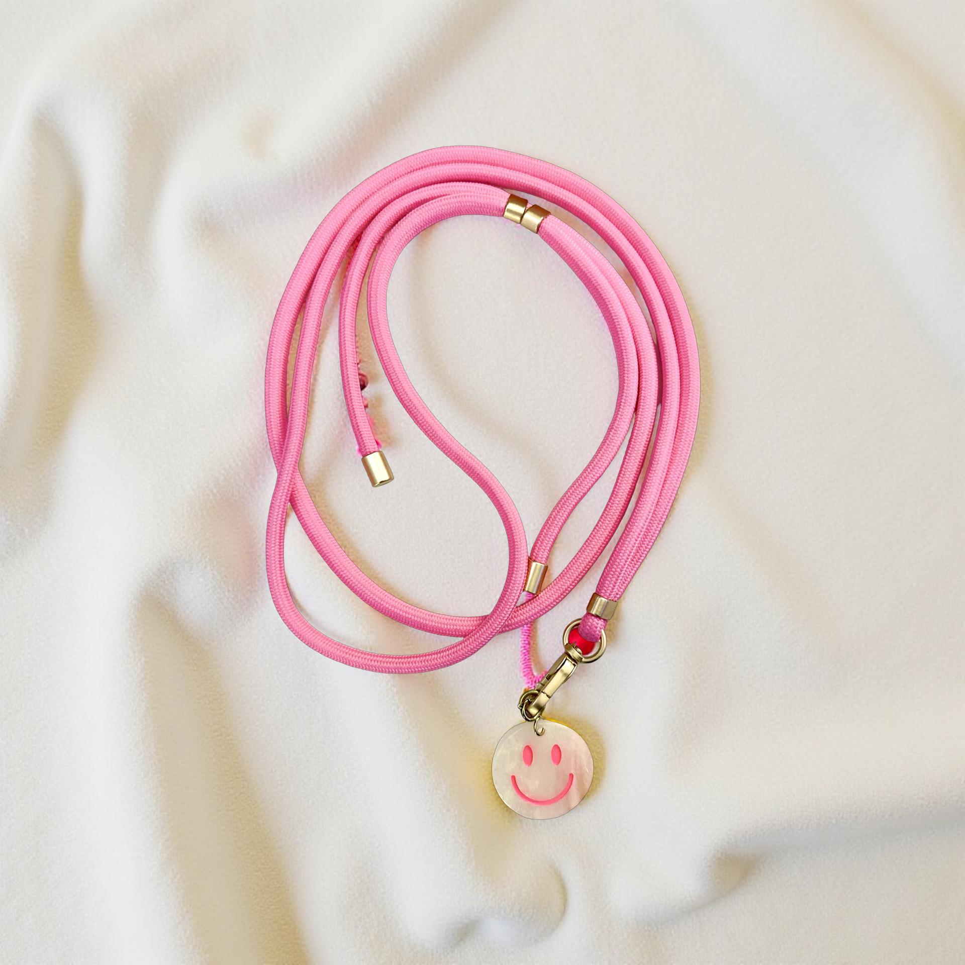 Lange schmale Handyketten Smiley | verstellbare Länge | Schnur Band für Mobiltelefone inkl. Adapter | goldene Karabiner | Smiley-Anhänger