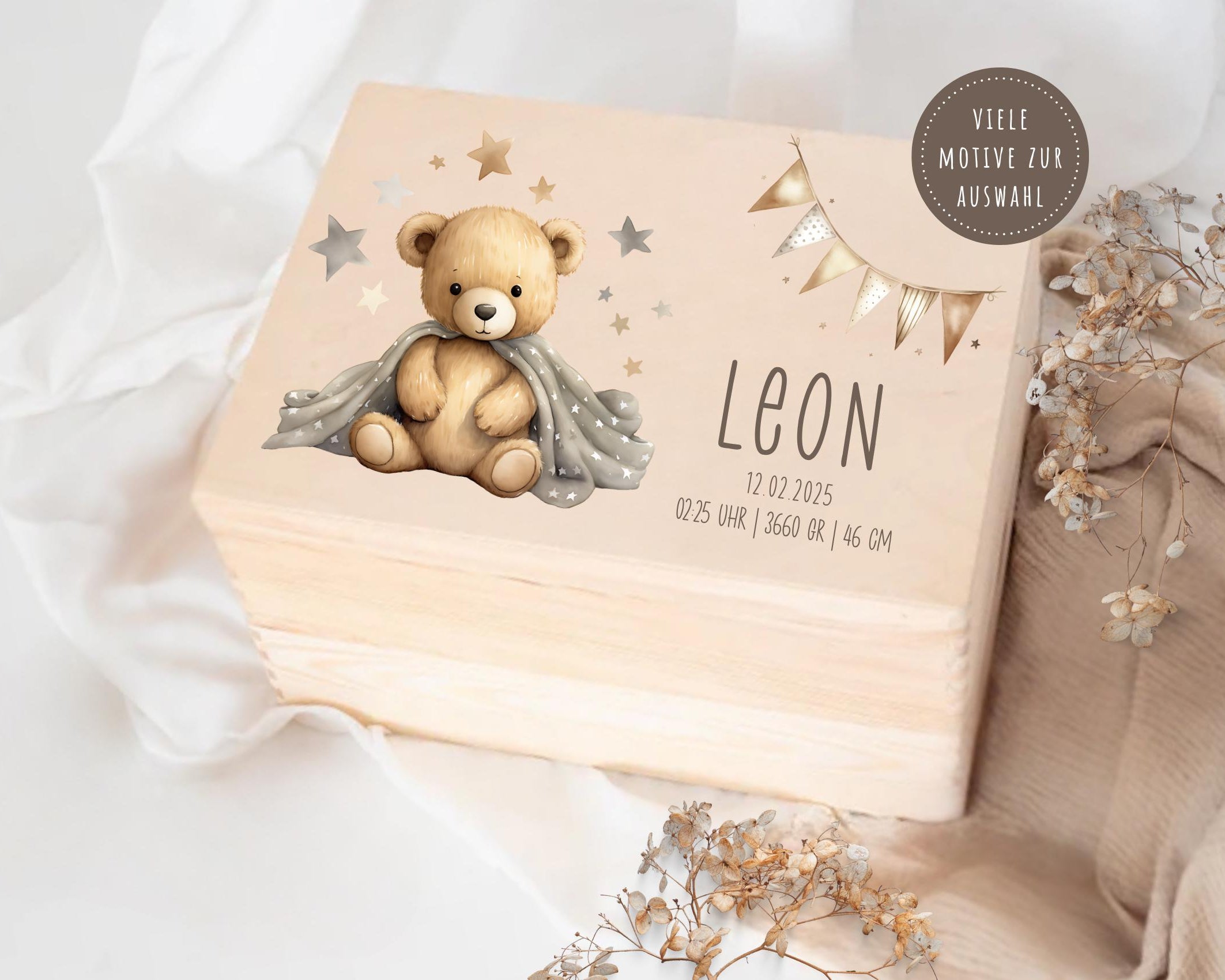 Erinnerungskiste | personalisiert | Baby | Teddy-Motiv | Holz Erinnerungsbox | Babygeschenk | Taufgeschenk | Geschenkidee zur Geburt