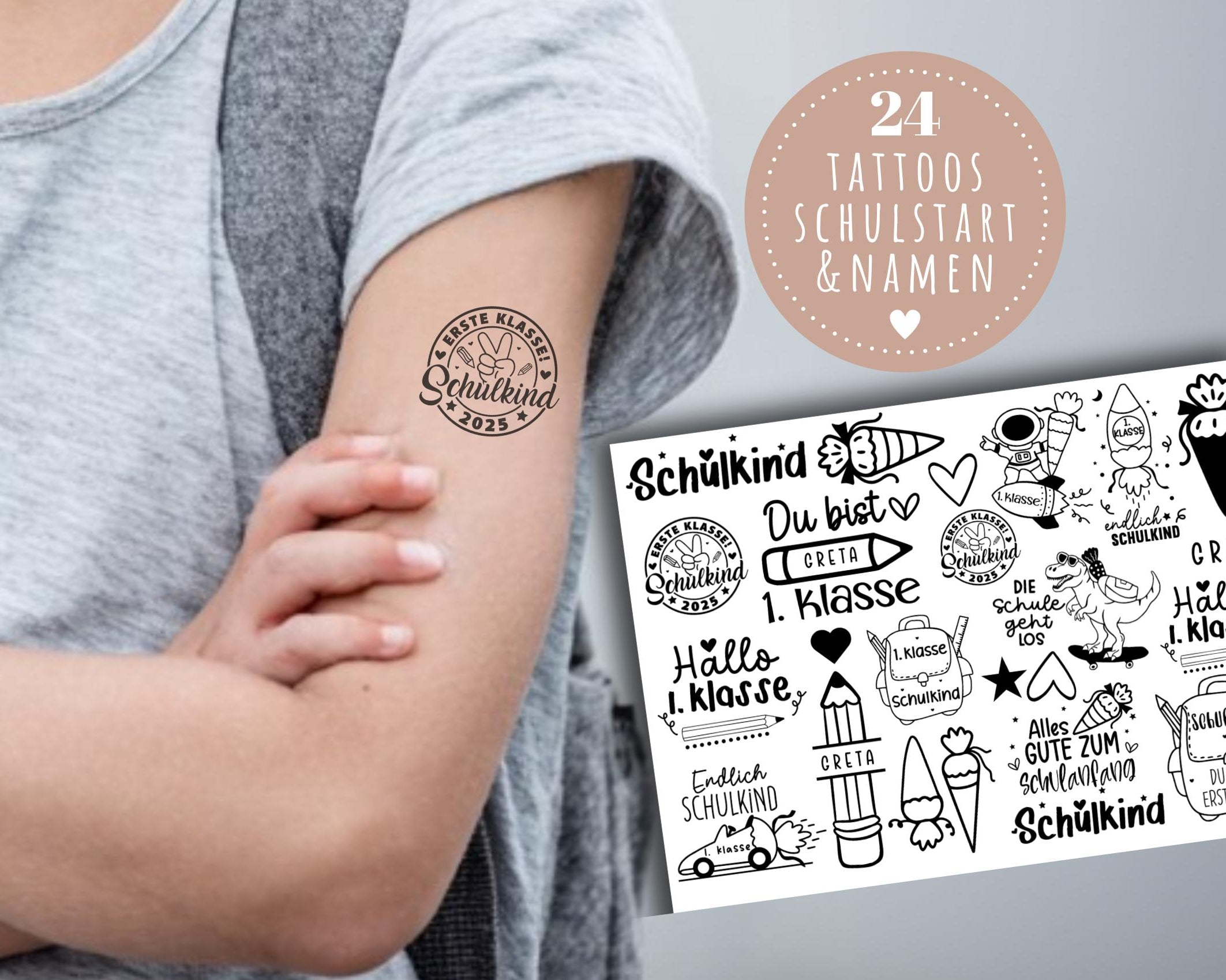 Schulkind | personalisierbare Tattoos zum Schulanfang | Kindertattoo mit Namen | 24er Set | für Jungs & Mädchen 1. Schultag | zum Schulstart