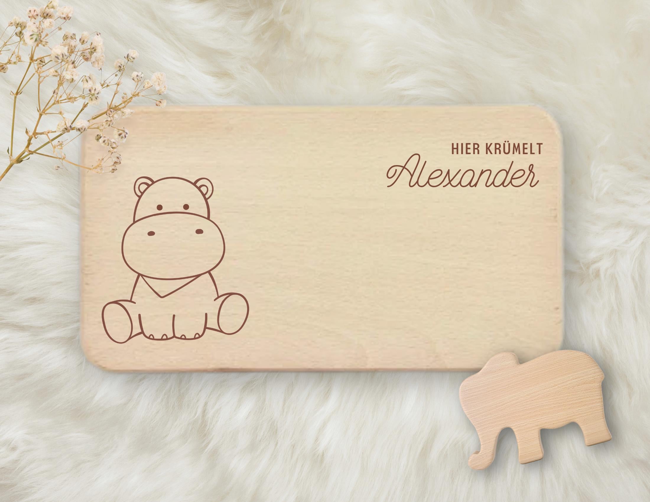 Personalisiertes Kinder Frühstücksbrettchen mit Tier & Namen | Lasergravur | Buchenholz | Löwe, Giraffe, Fuchs, Nilpferd, Bär, Elefant