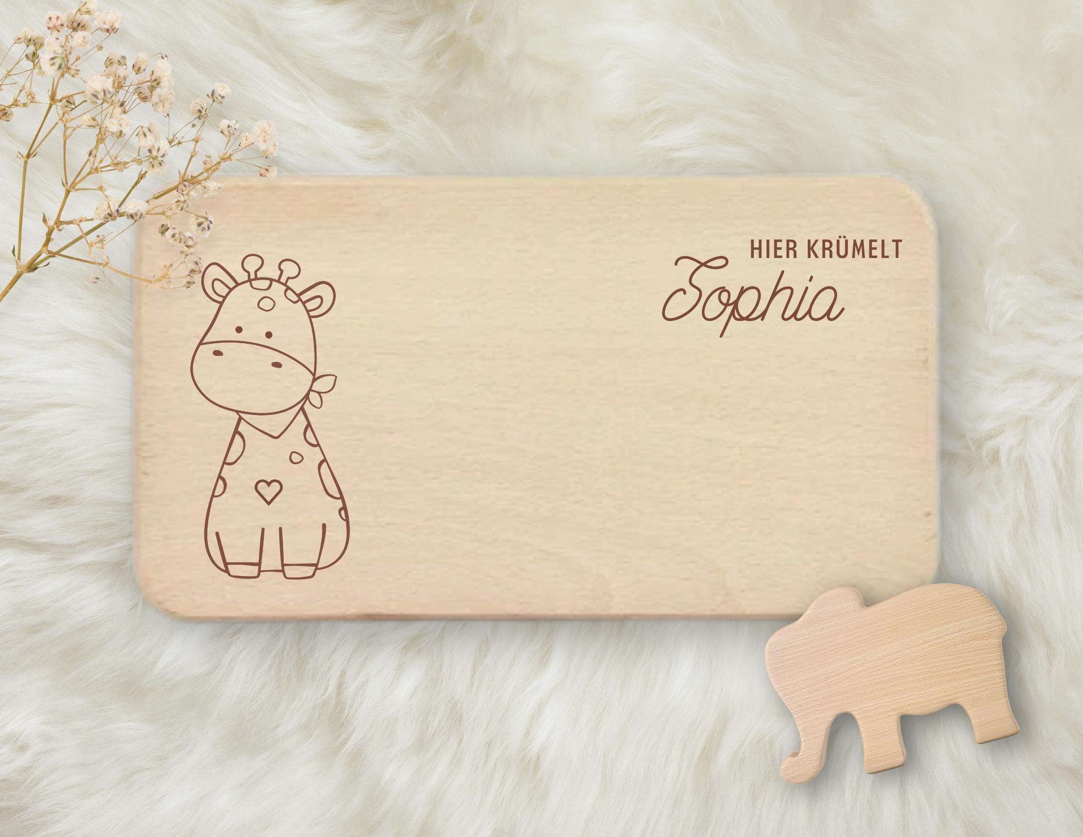 Personalisiertes Kinder Frühstücksbrettchen mit Tier & Namen | Lasergravur | Buchenholz | Löwe, Giraffe, Fuchs, Nilpferd, Bär, Elefant