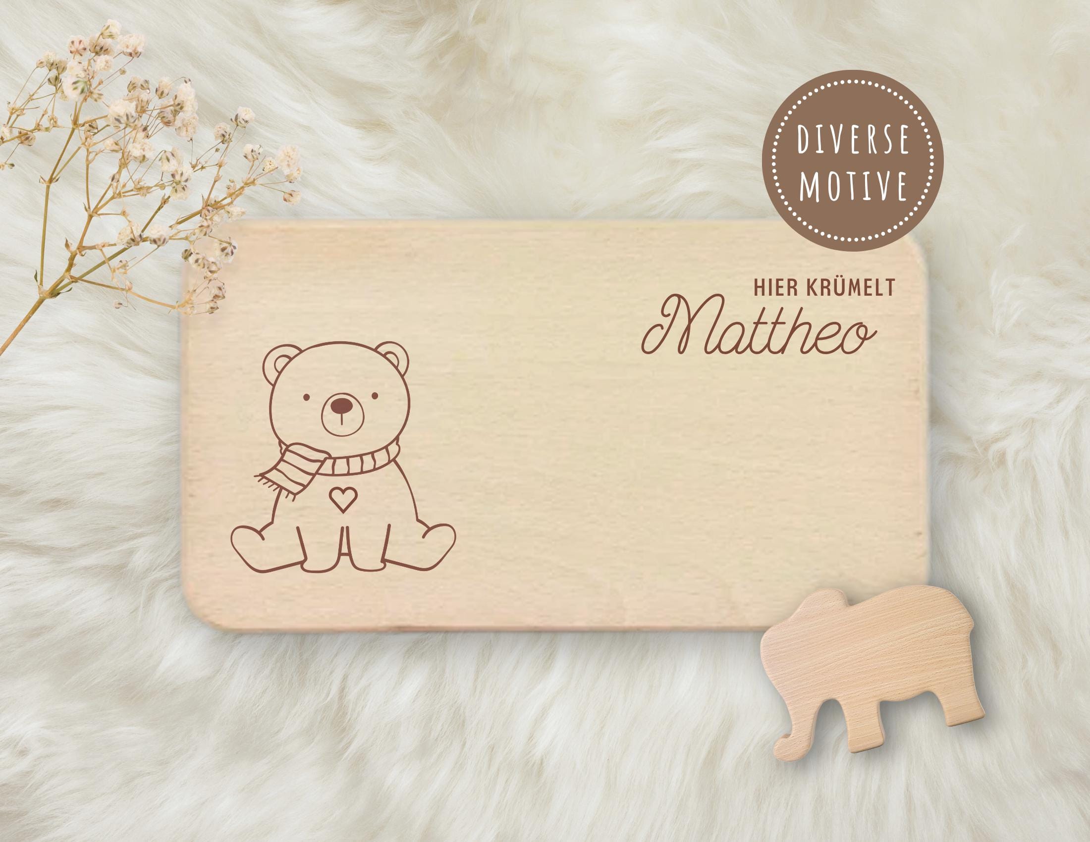 Personalisiertes Kinder Frühstücksbrettchen mit Tier & Namen | Lasergravur | Buchenholz | Löwe, Giraffe, Fuchs, Nilpferd, Bär, Elefant
