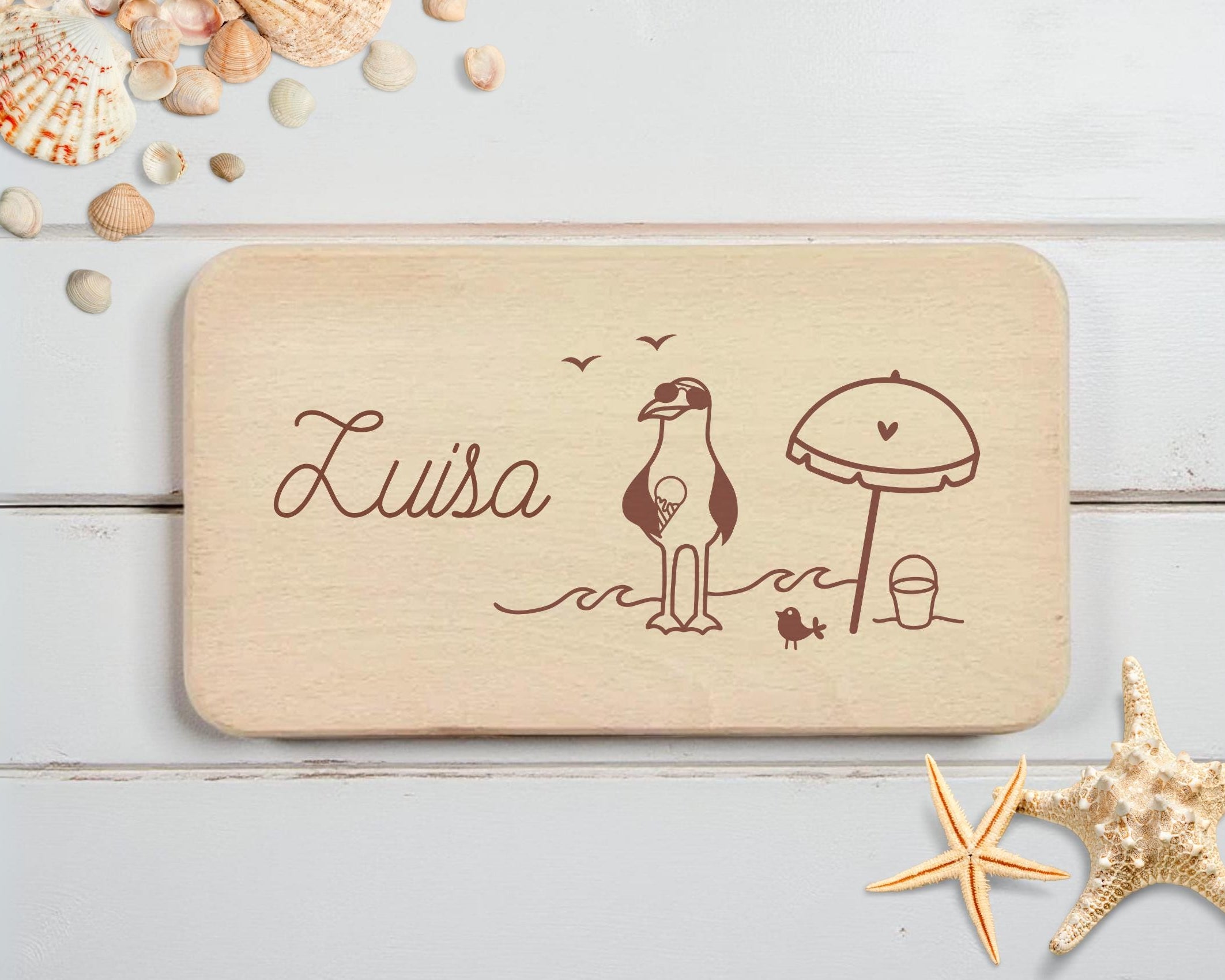 Personalisiertes Frühstücksbrettchen | maritime Motive Möwe | Lasergravur | Buchenholz | Moin Strand Meer | Geschenkidee Camping Kinder