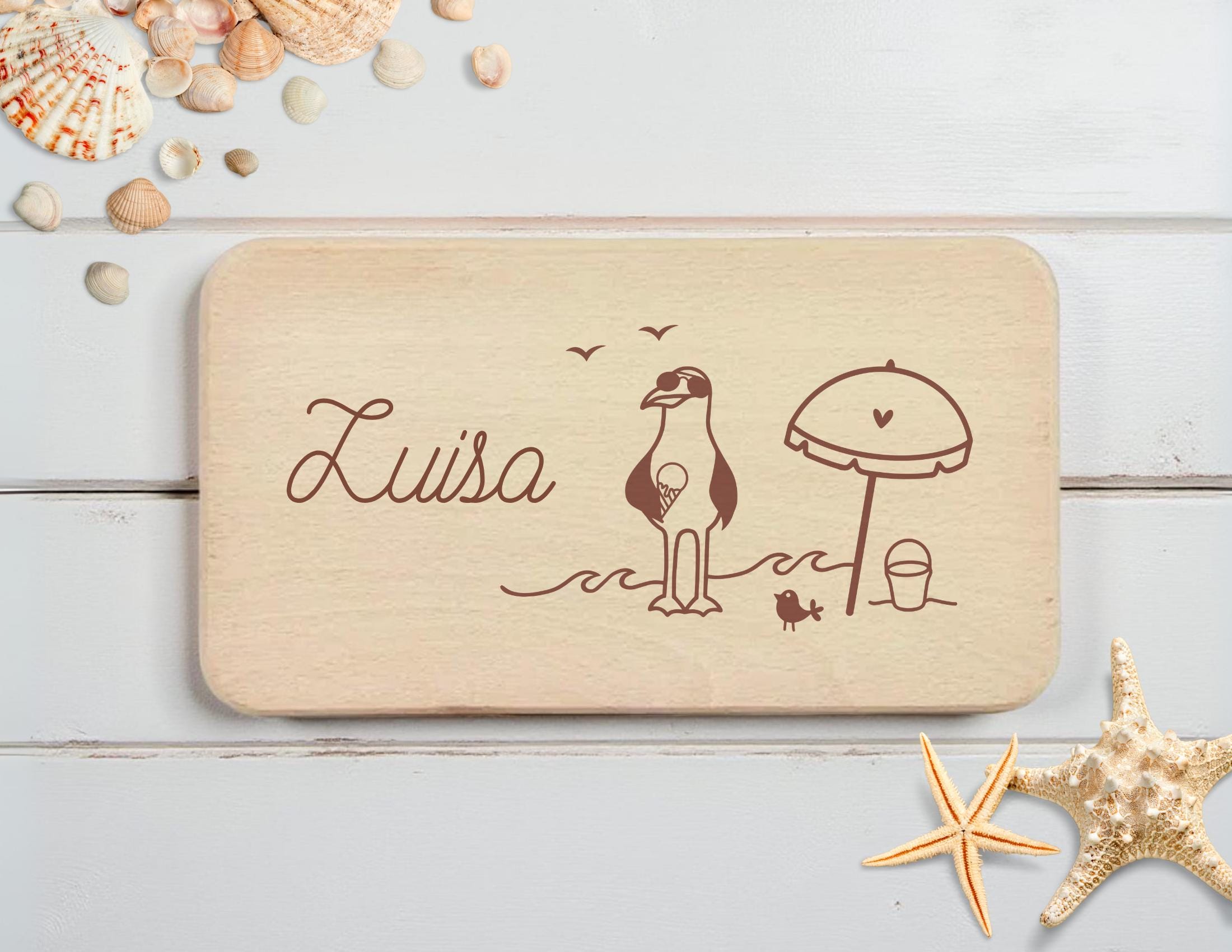 Personalisiertes Frühstücksbrettchen | maritime Motive Möwe | Lasergravur | Buchenholz | Moin Strand Meer | Geschenkidee Camping Kinder