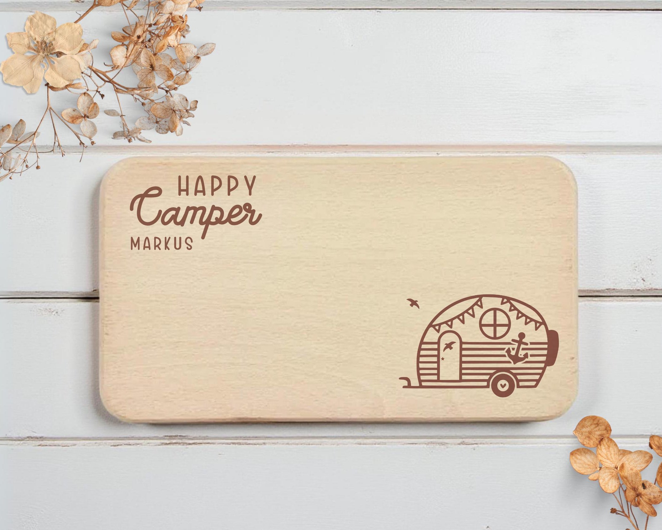 Personalisiertes Frühstücksbrettchen für Camper | Lasergravur | Buchenholz | Geschenkidee Camping mit Namen