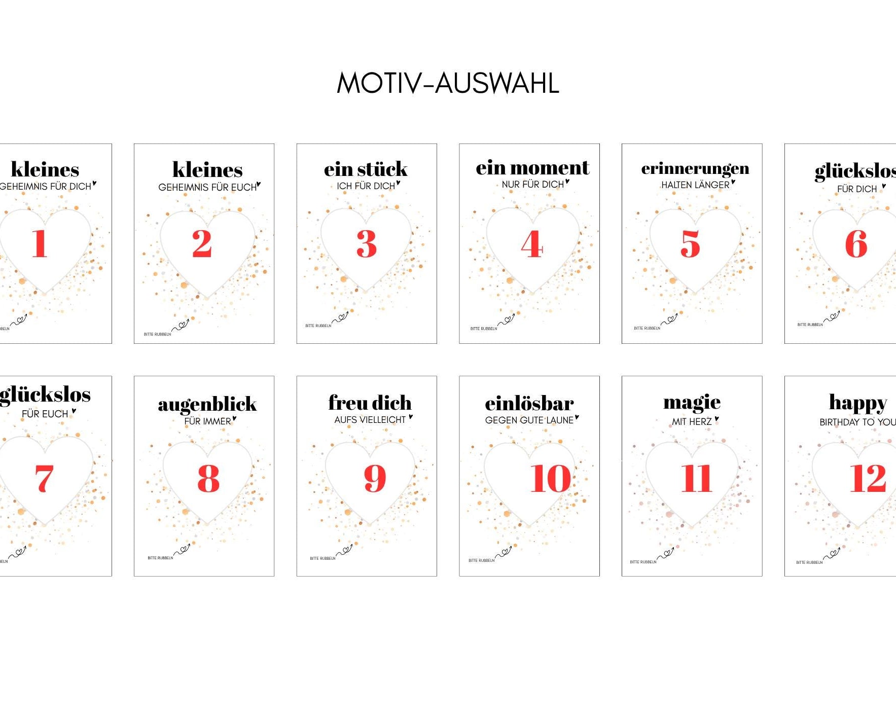 Personalisierte Rubbelkarte mit Rubbelherz und Deinem Text | Klappkarte A6 | Gutschein | Herz in gold, silber, roségold - 24 Motive