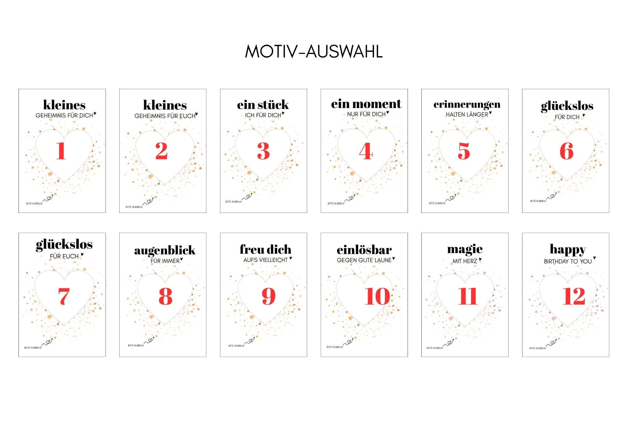 Personalisierte Rubbelkarte mit Rubbelherz und Deinem Text | Klappkarte A6 | Gutschein | Herz in gold, silber, roségold - 24 Motive