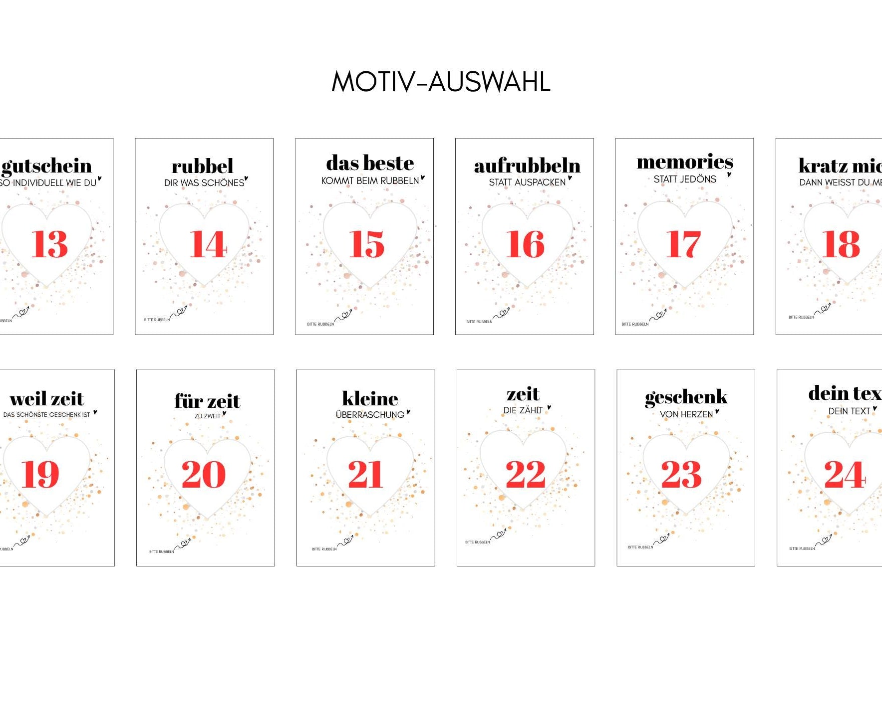 Personalisierte Rubbelkarte mit Rubbelherz und Deinem Text | Klappkarte A6 | Gutschein | Herz in gold, silber, roségold - 24 Motive
