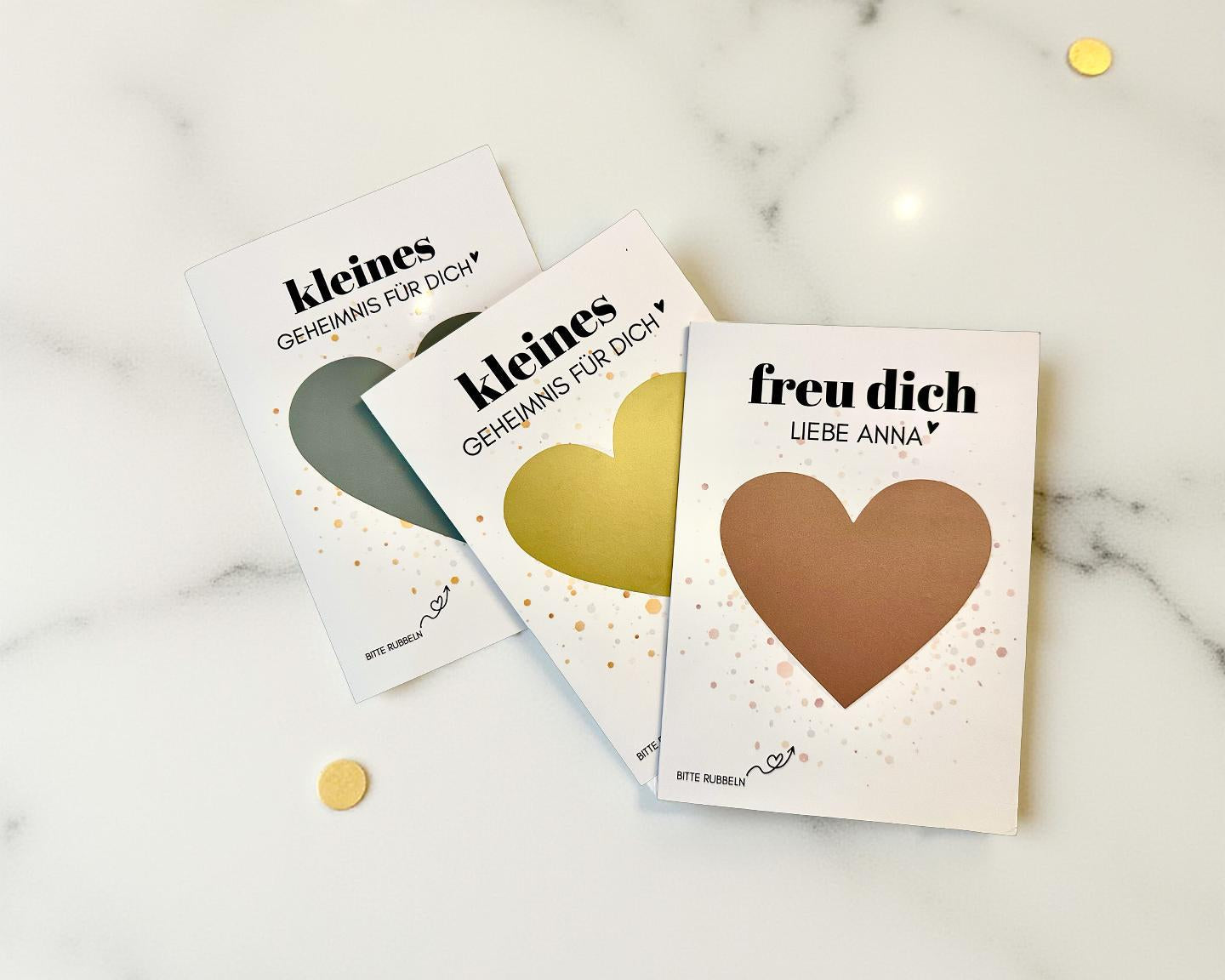 Personalisierte Rubbelkarte mit Rubbelherz und Deinem Text | Klappkarte A6 | Gutschein | Herz in gold, silber, roségold - 24 Motive