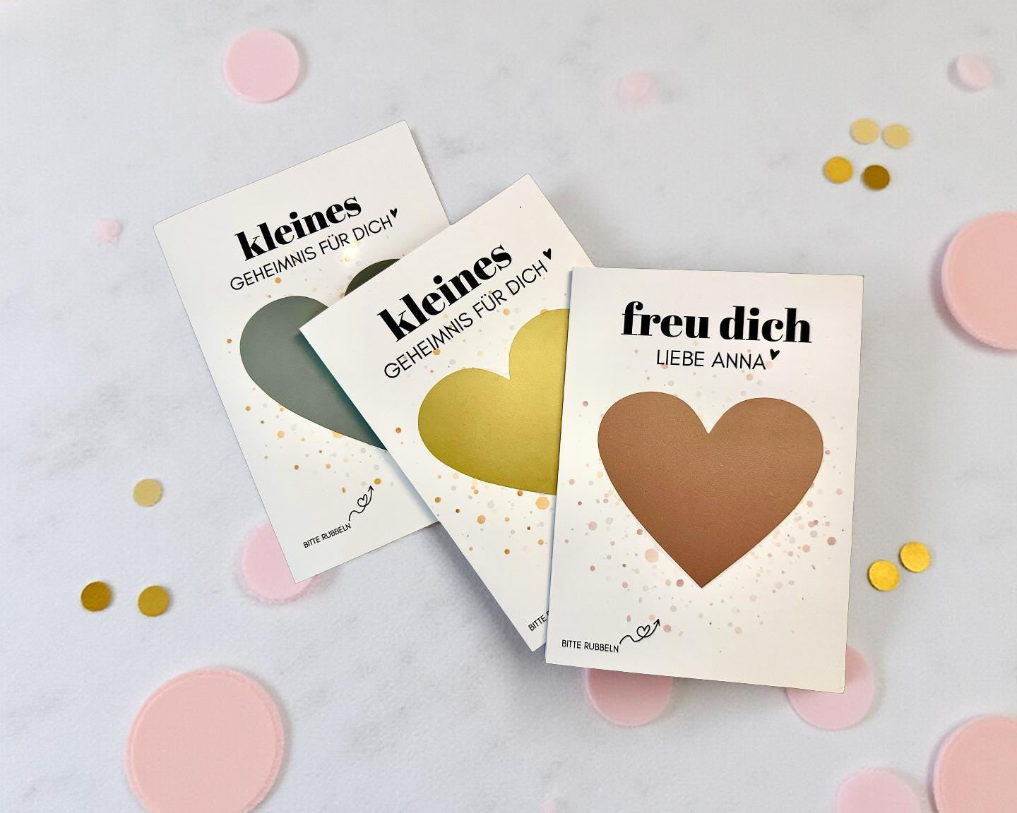 Personalisierte Rubbelkarte mit Rubbelherz und Deinem Text | Klappkarte A6 | Gutschein | Herz in gold, silber, roségold - 24 Motive