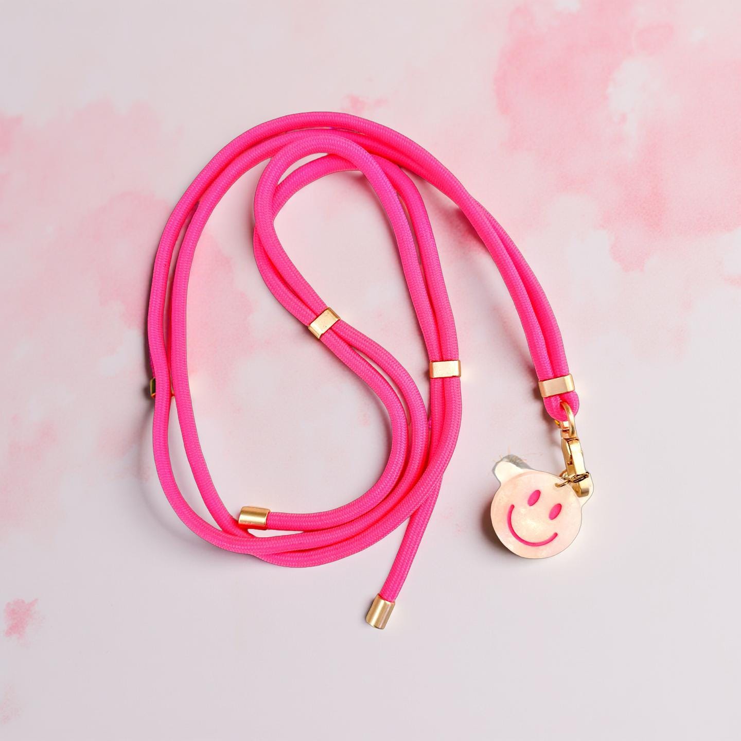 Lange schmale Handyketten Smiley | verstellbare Länge | Schnur Band für Mobiltelefone inkl. Adapter | goldene Karabiner | Smiley-Anhänger