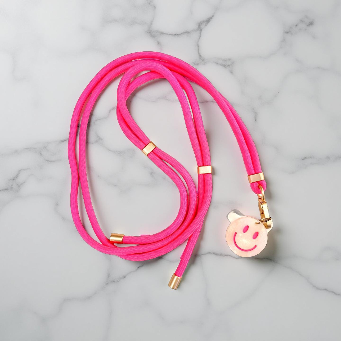 Lange schmale Handyketten Smiley | verstellbare Länge | Schnur Band für Mobiltelefone inkl. Adapter | goldene Karabiner | Smiley-Anhänger