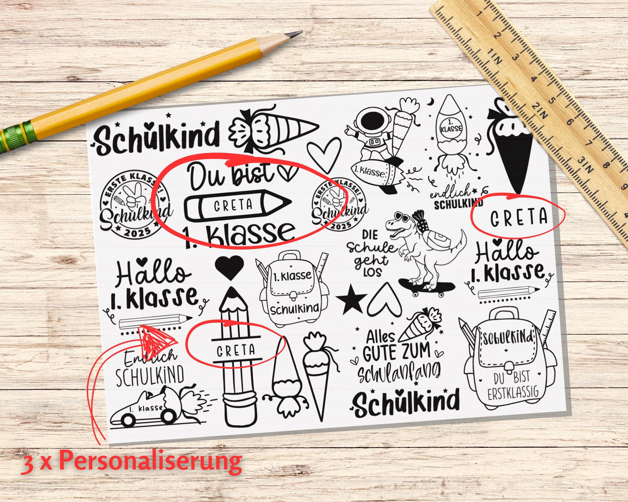 Schulkind | personalisierbare Tattoos zum Schulanfang | Kindertattoo mit Namen | 24er Set | für Jungs & Mädchen 1. Schultag | zum Schulstart