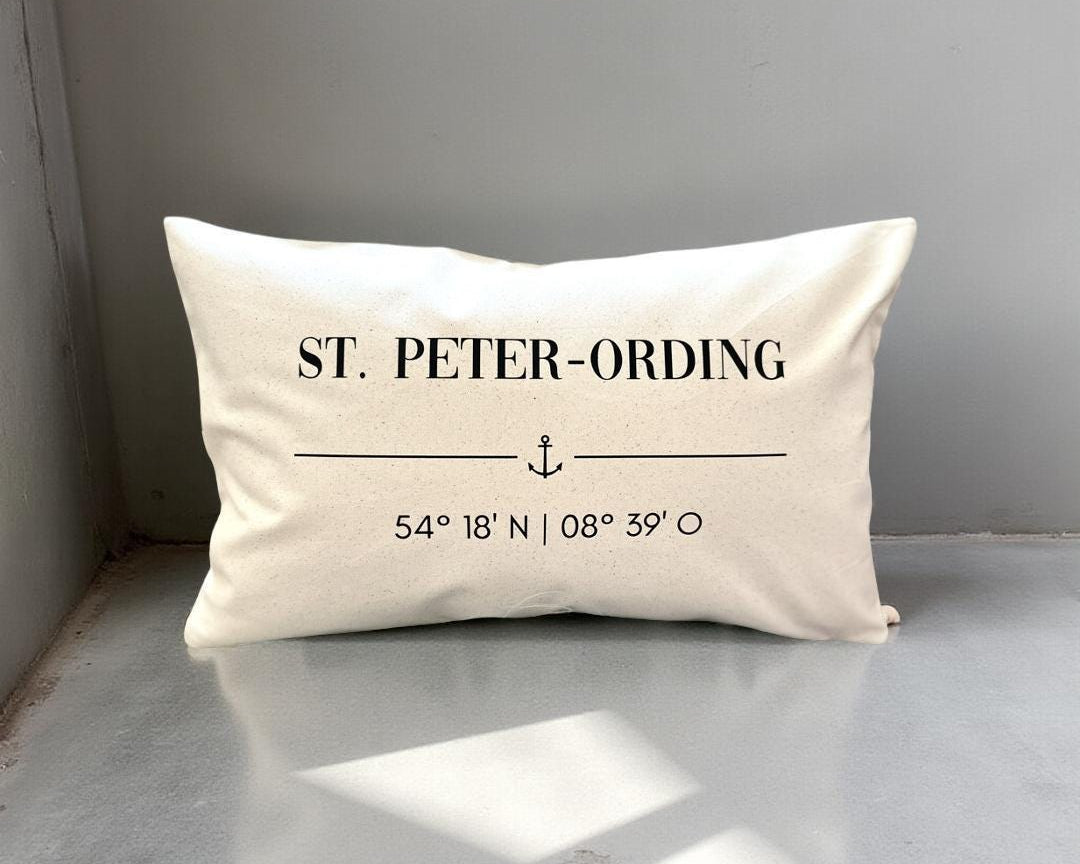 St. Peter-Ording Kissen 30x50 | maritimes Dekokissen Nordsee | Canvas Beige mit Anker & Koordinaten | SPO Geschenk