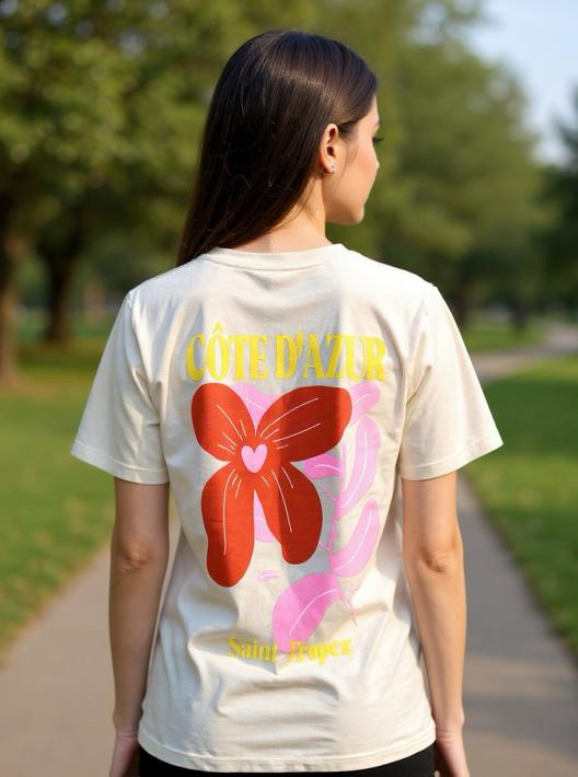 Cote d' Azur T-Shirt in beige mit Rückenprint | St Tropez Logo Front | one size