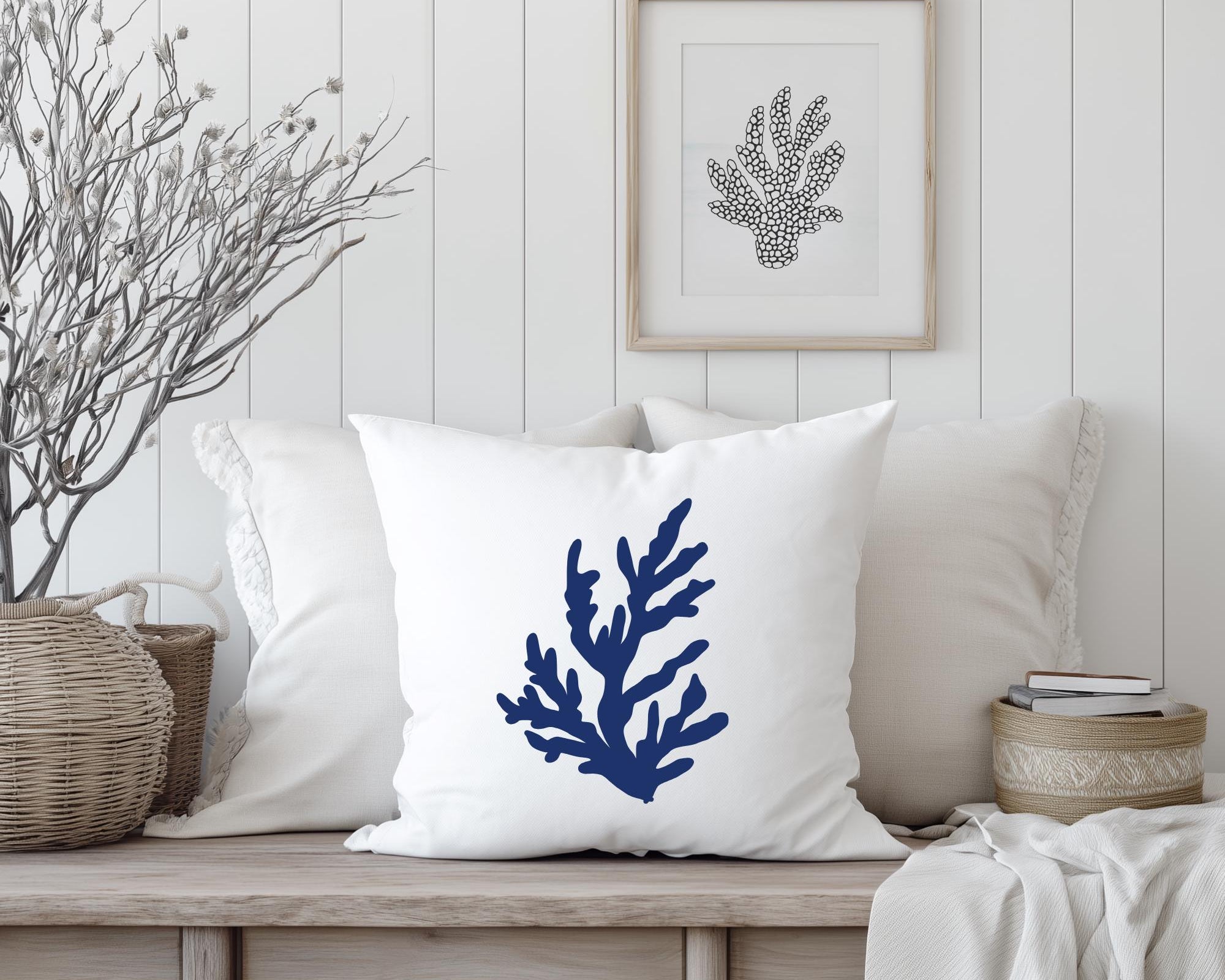 Kissen | Beach House Hamptons Style | 40 x 40 cm | Strandhaus | Beach Coastal Living | Koralle blau weiß