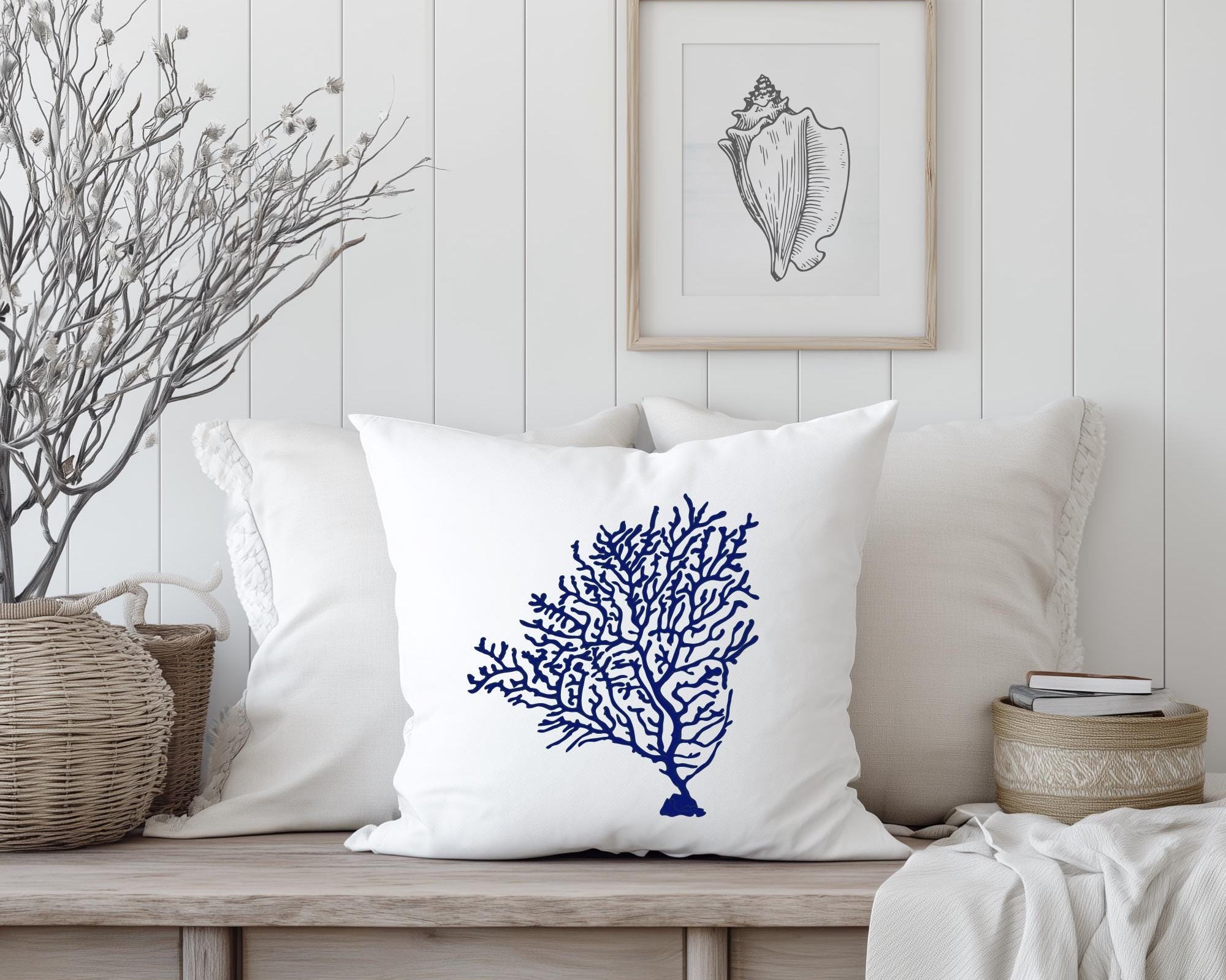 Kissen | Beach House Hamptons Style | 40 x 40 cm | Strandhaus | Beach Coastal Living | Koralle blau weiß