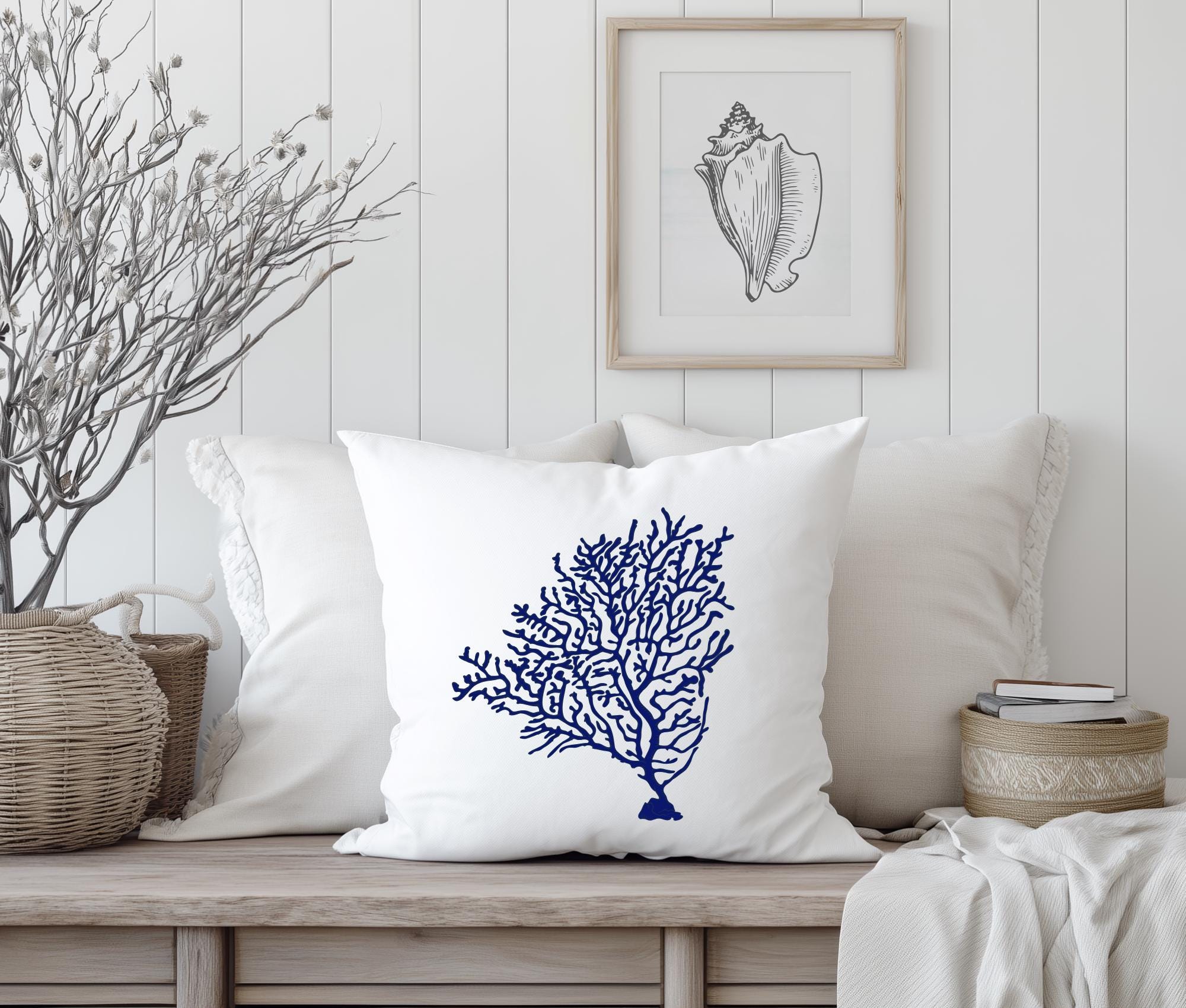 Kissen | Beach House Hamptons Style | 40 x 40 cm | Strandhaus | Beach Coastal Living | Koralle blau weiß