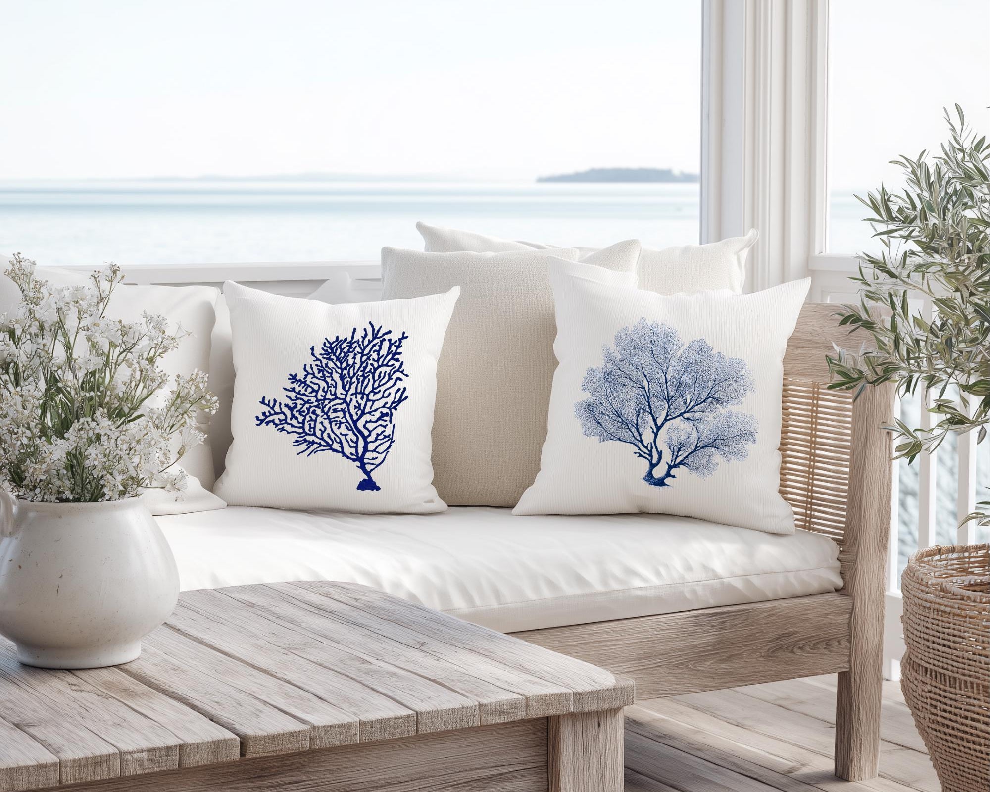 Kissen | Beach House Hamptons Style | 40 x 40 cm | Strandhaus | Beach Coastal Living | Koralle blau weiß