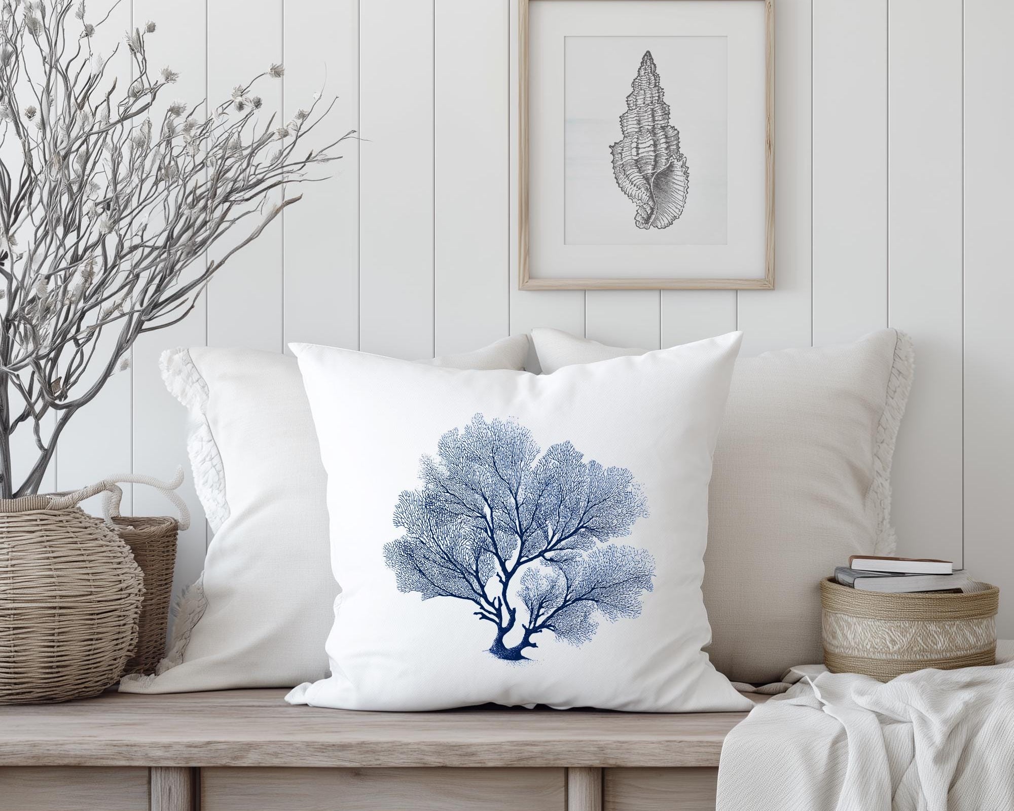 Kissen | Beach House Hamptons Style | 40 x 40 cm | Strandhaus | Beach Coastal Living | Koralle blau weiß