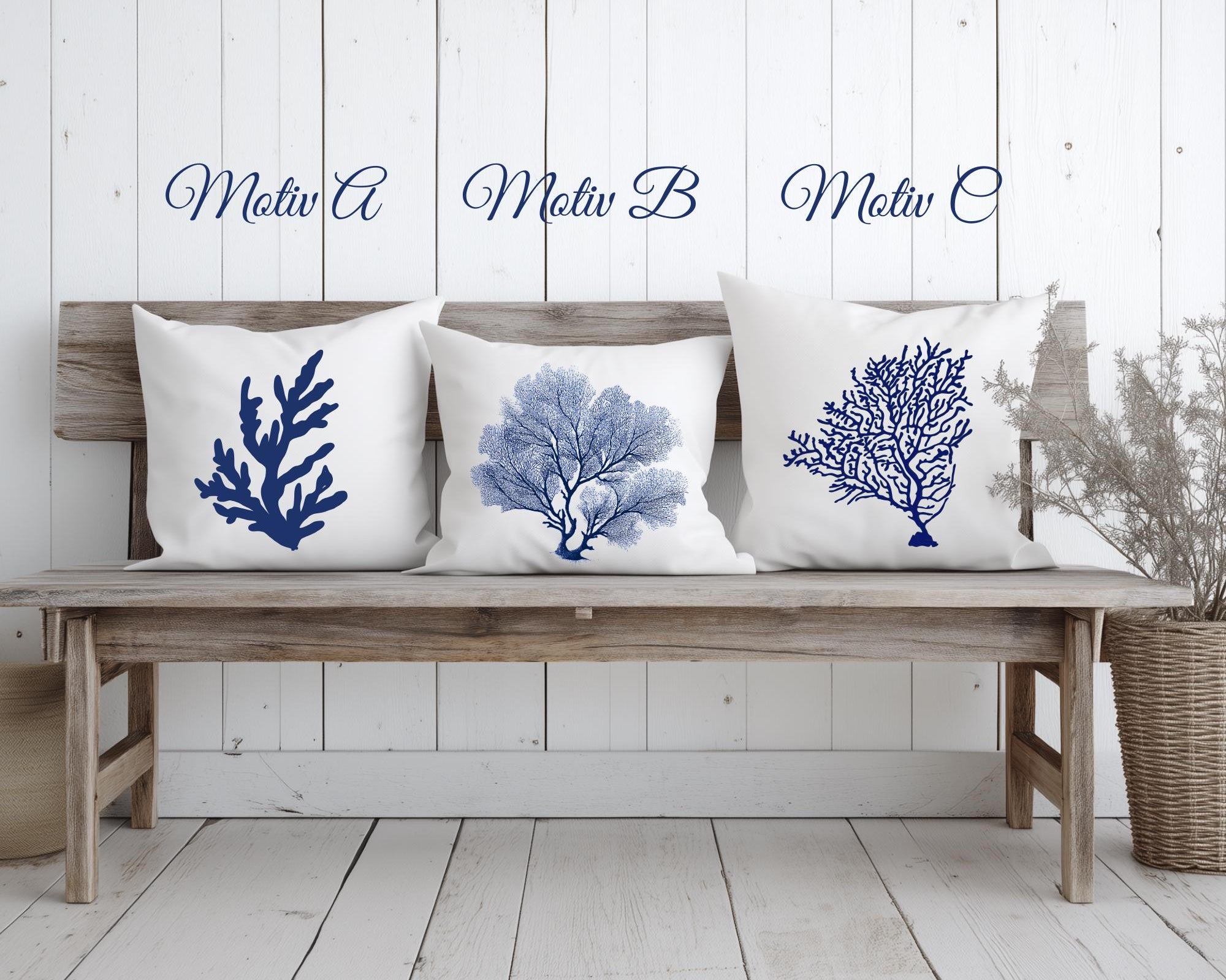 Kissen | Beach House Hamptons Style | 40 x 40 cm | Strandhaus | Beach Coastal Living | Koralle blau weiß