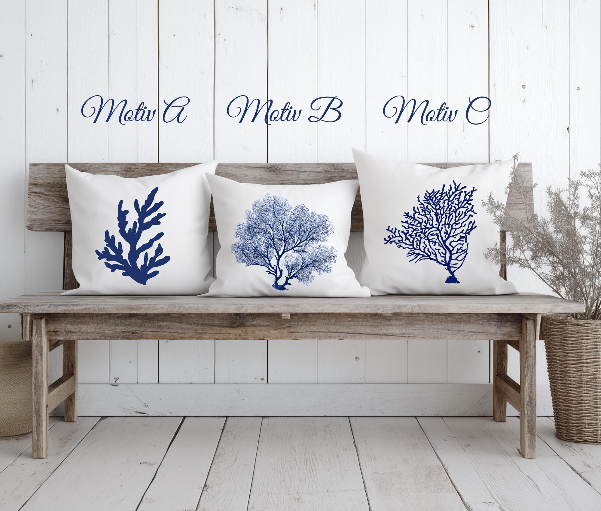 Kissen | Beach House Hamptons Style | 40 x 40 cm | Strandhaus | Beach Coastal Living | Koralle blau weiß