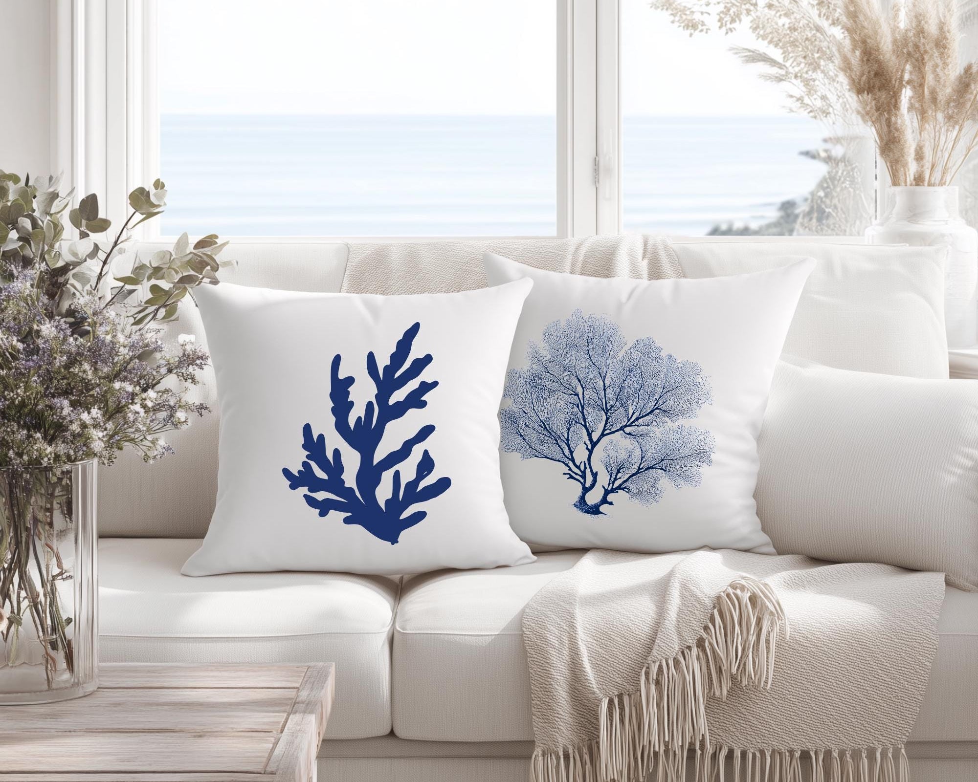 Kissen | Beach House Hamptons Style | 40 x 40 cm | Strandhaus | Beach Coastal Living | Koralle blau weiß